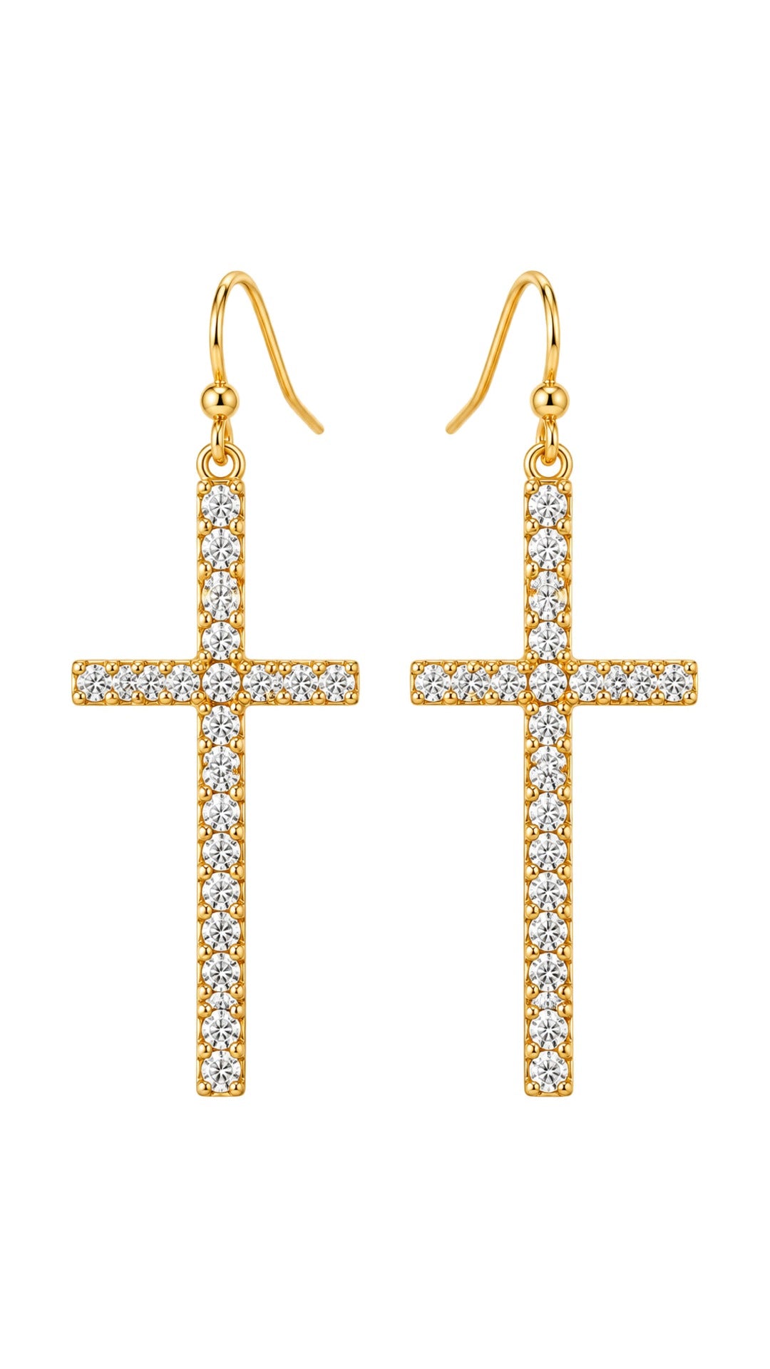 SW Trading Crystal Cross Earrings, gold and clear, crystal-lined gold-tone cross, front view