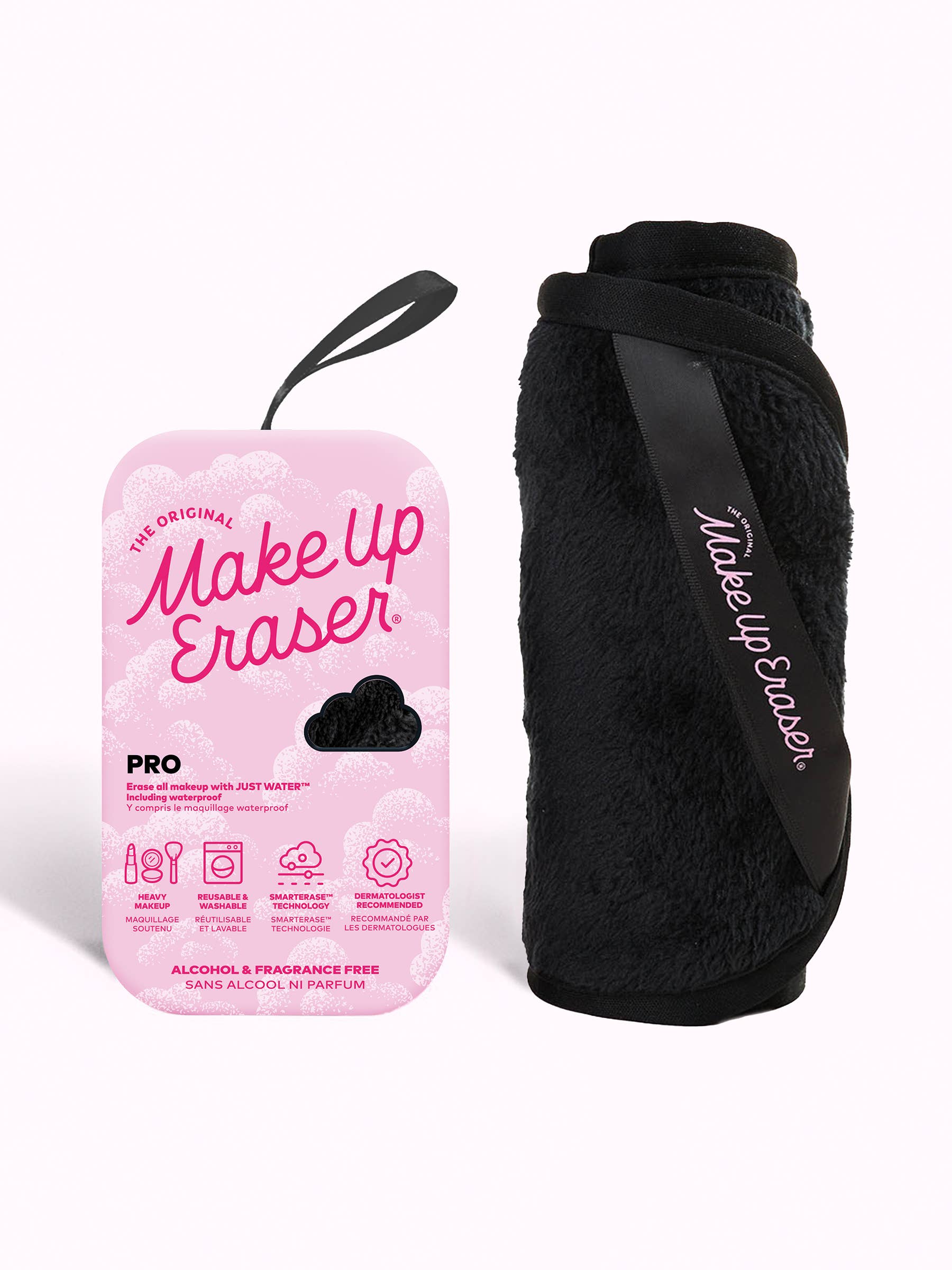 Make-up Eraser packaging and black cleaning cloth on a white background