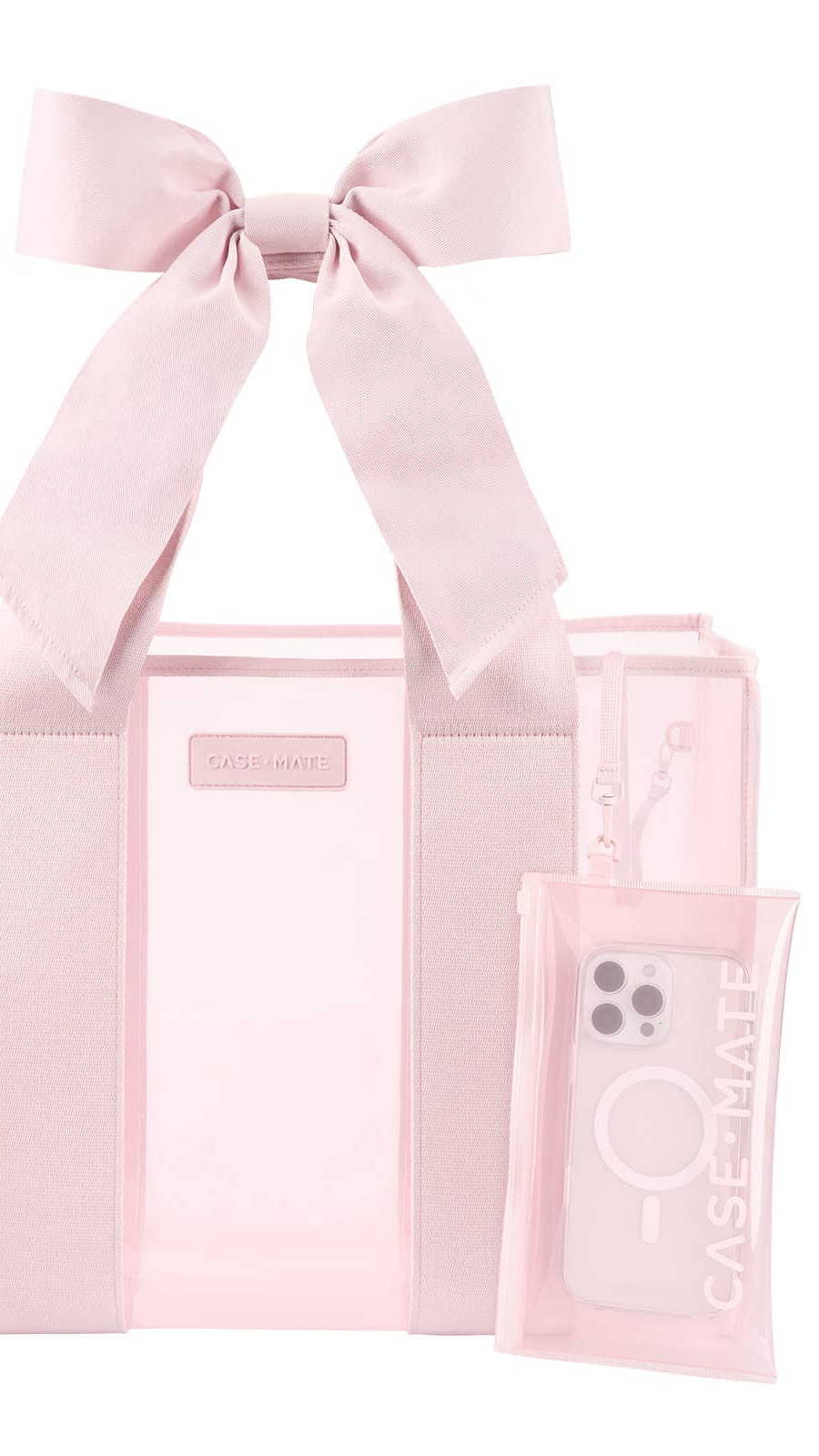 Pink tote bag with a bow and phone case on a white background