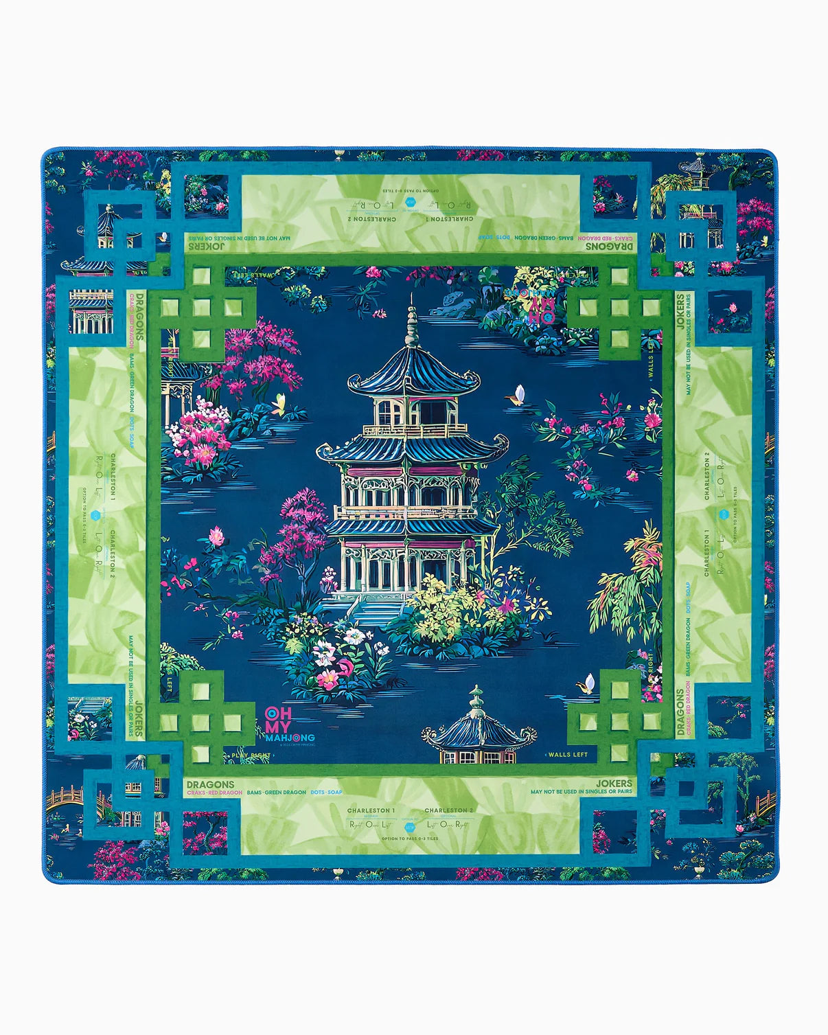 Decorative tablecloth with a pagoda design on a blue background