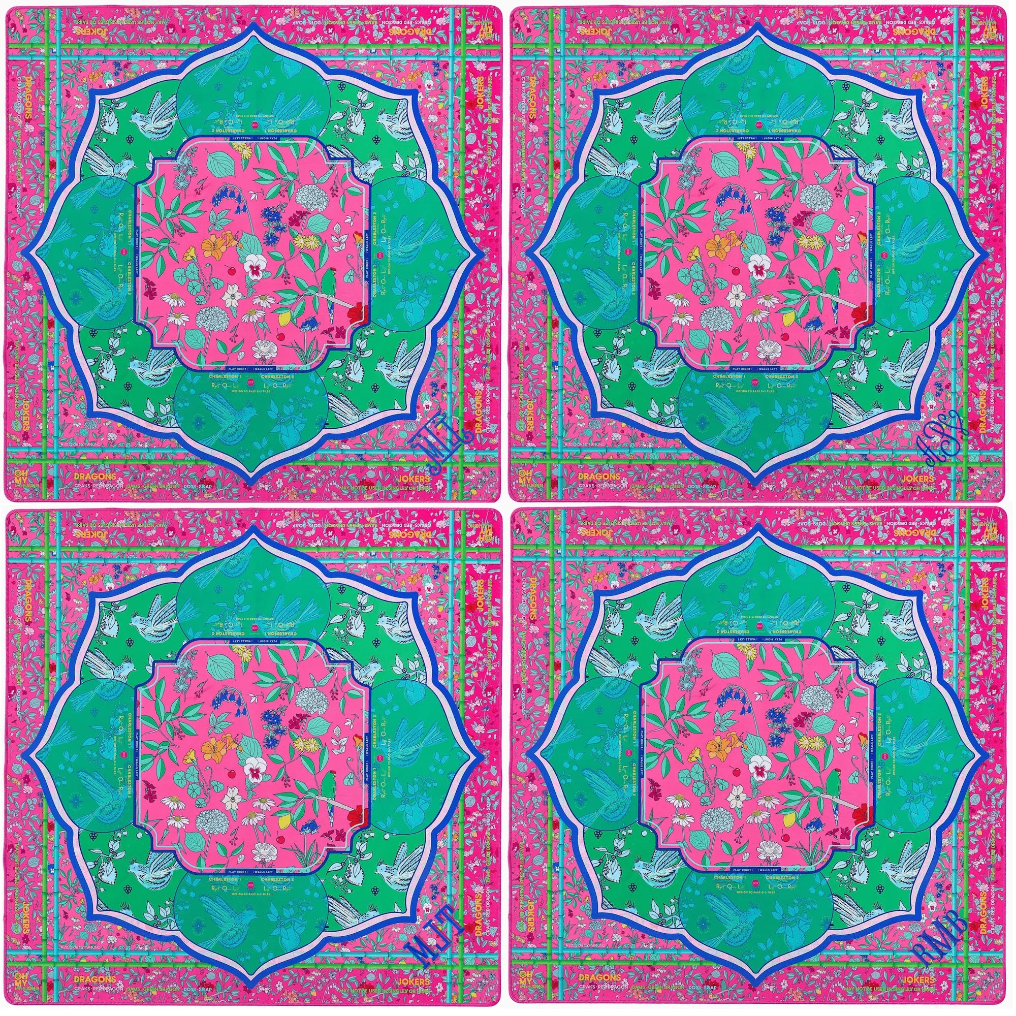 Four identical colorful coasters with a pink and green design on a pink background.