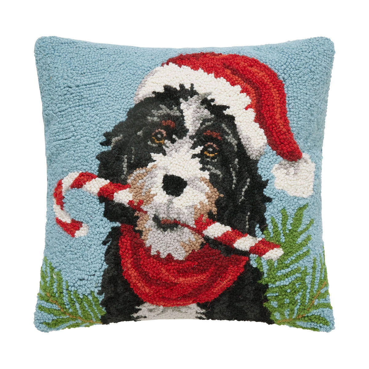 Hooked wool Christmas pillow of a Bernedoodle, original product photo