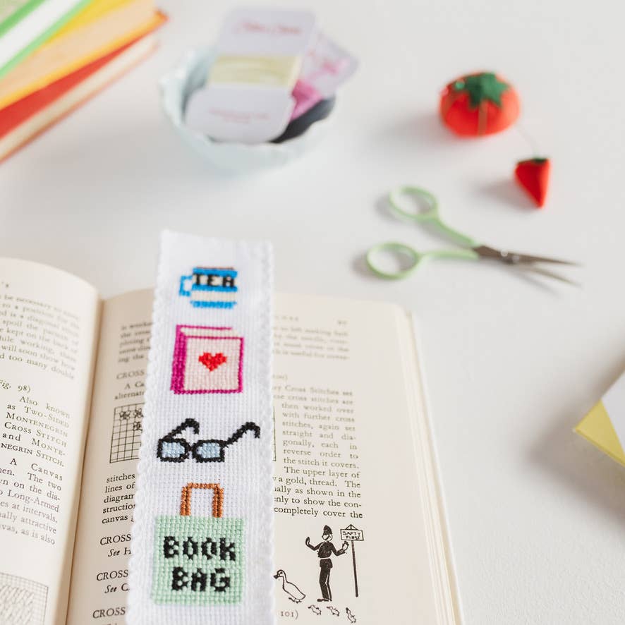 Bookish counted cross stitch bookmark kit product photo - full view - BLVD Boutik