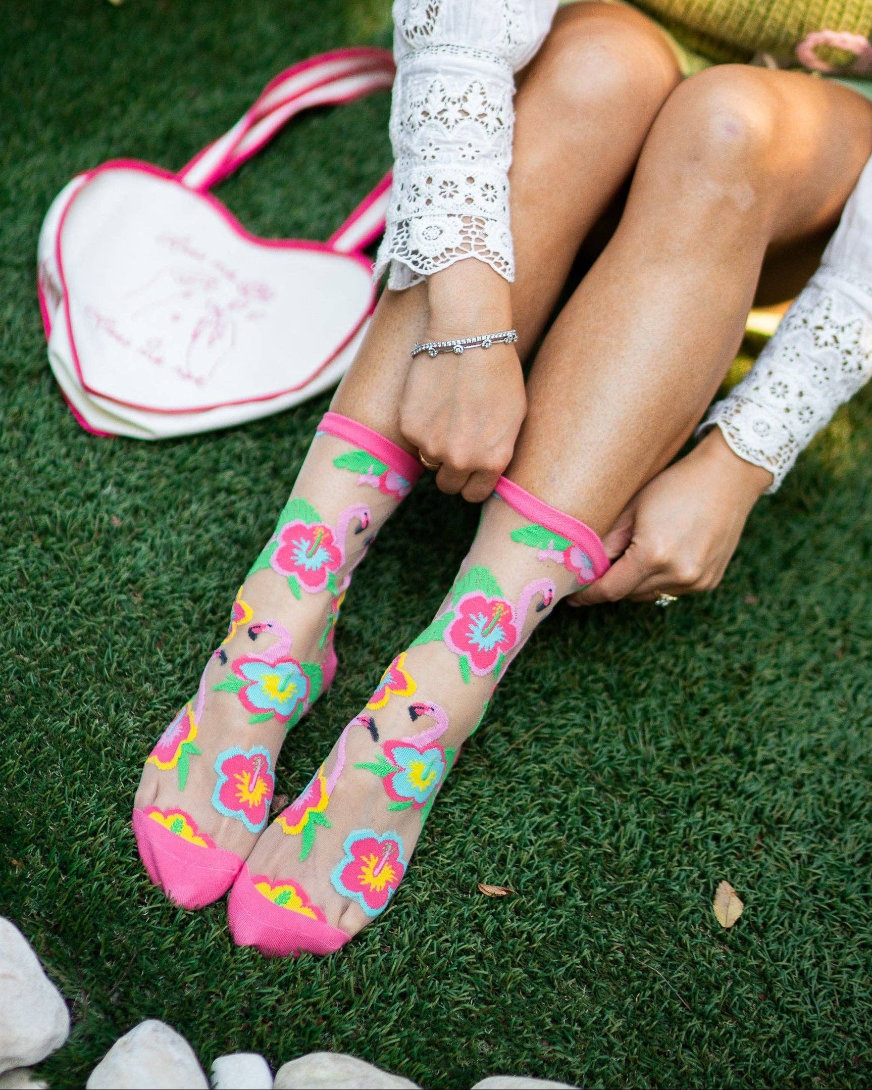 Flamingo Floral sheer crew sock product photo - detail view - BLVD Boutik