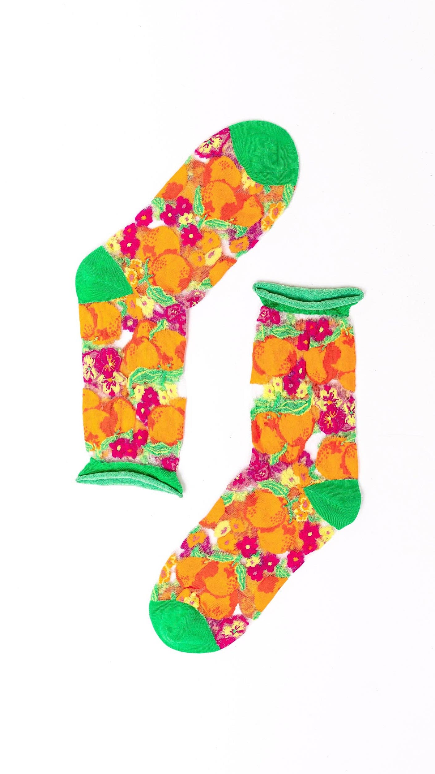 Orange Floral sheer crew sock product photo - front view - BLVD Boutik