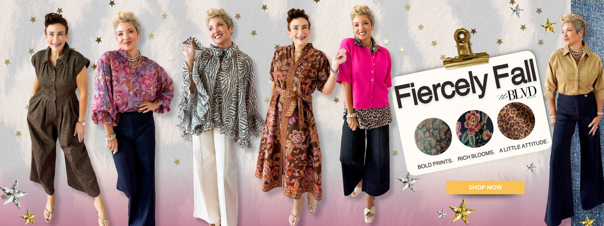 Fiercely Fall collection from The BLVD with models in bold prints and rich fall colors