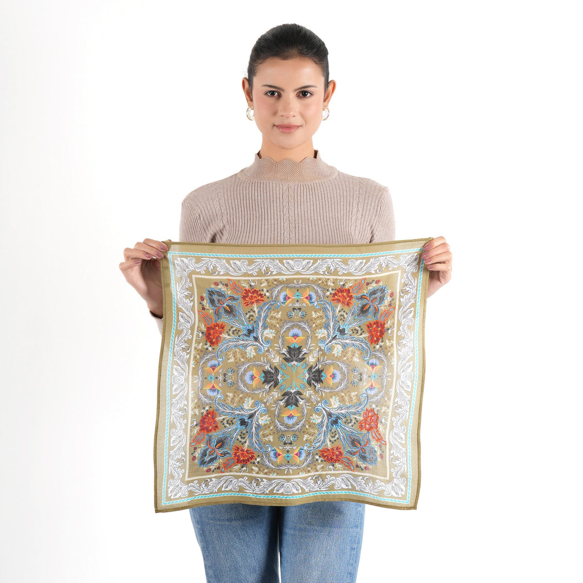 Floralia embroidered cotton bandana in olive green