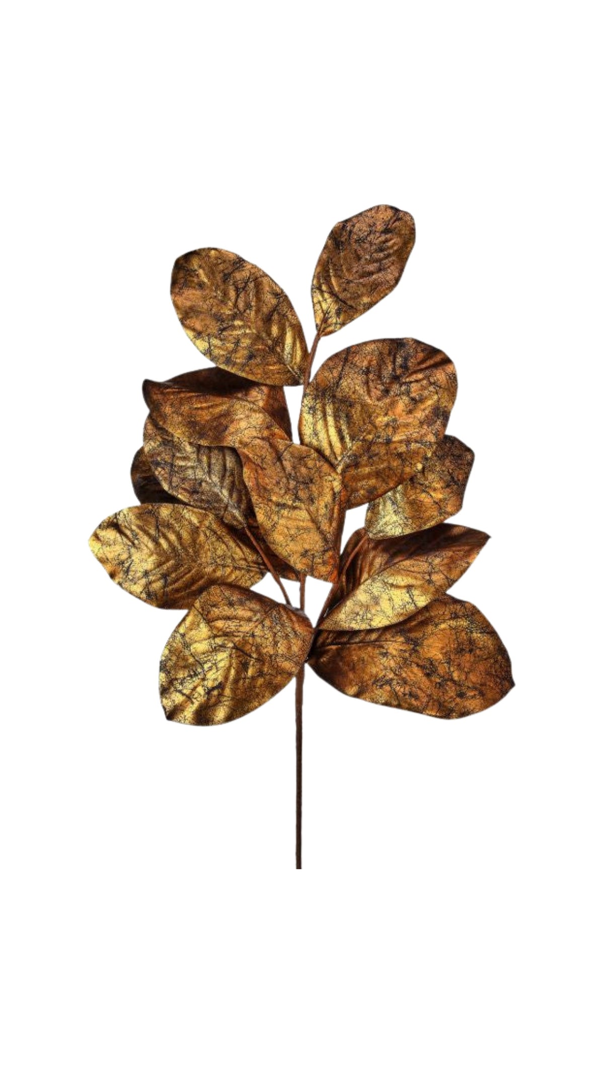 Regency Gilded Magnolia Leaf Spray in gold, 37 inch metallic magnolia stem, front view on white