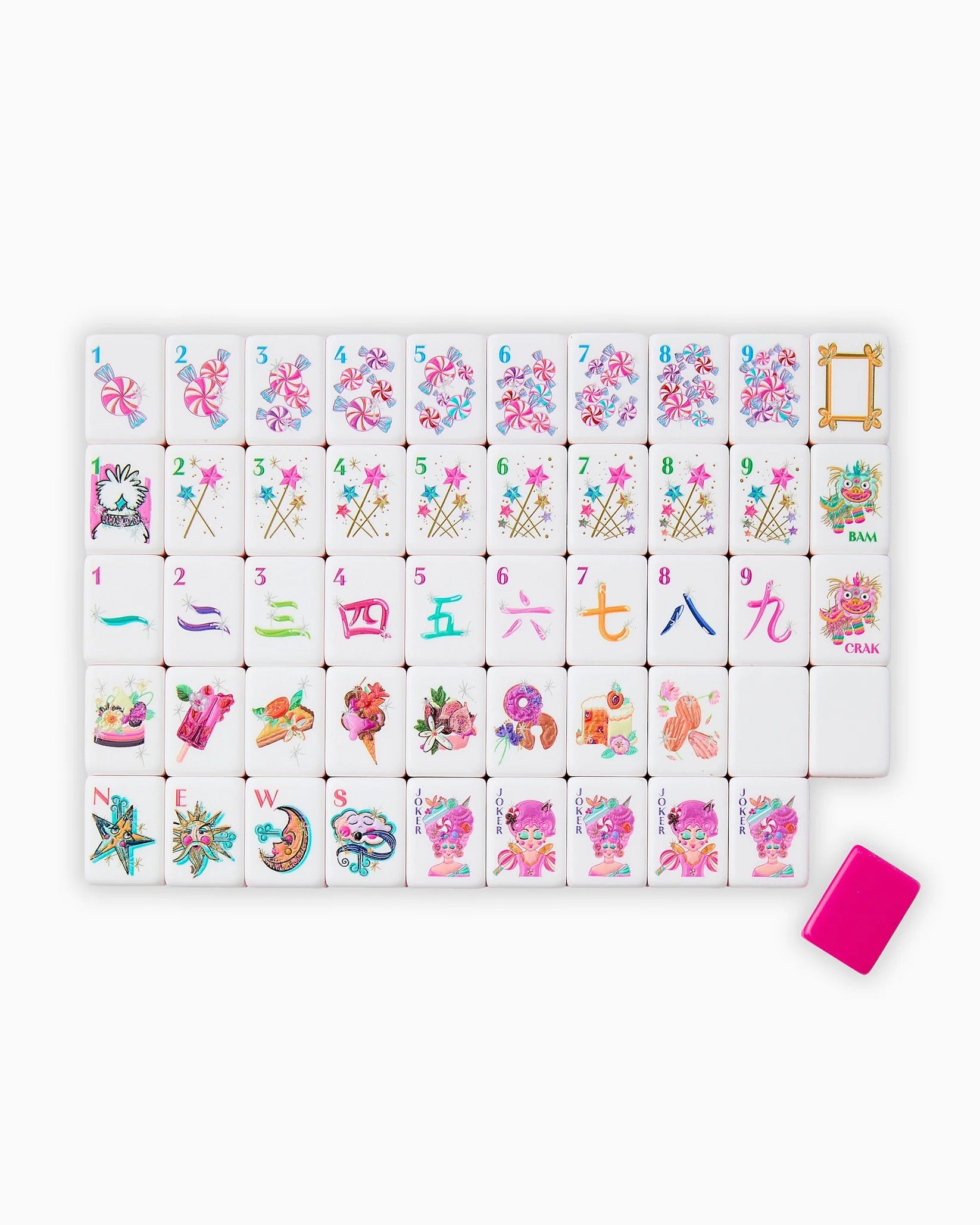 Set of colorful mahjong tiles with floral designs on a white background