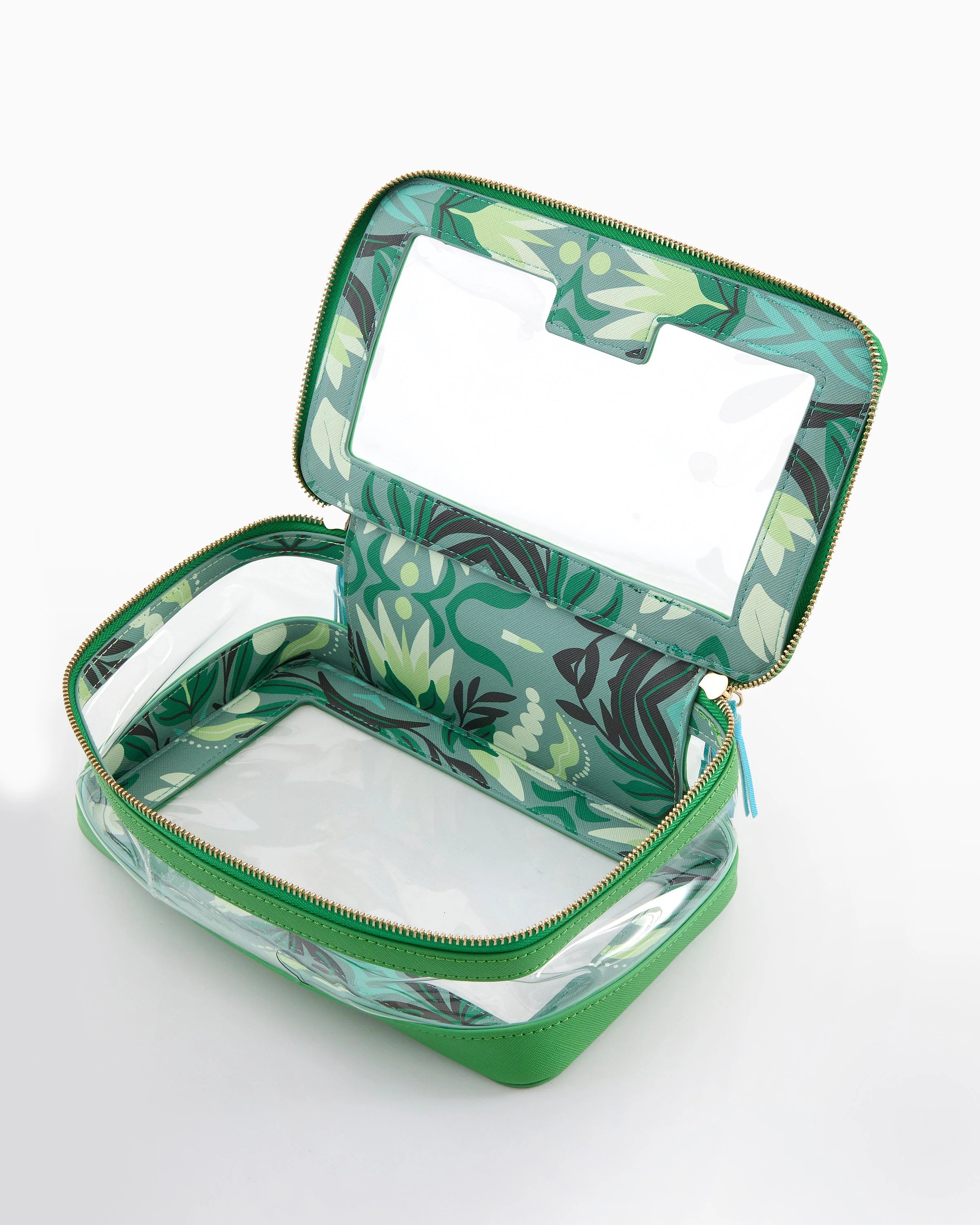 Green floral-patterned makeup case with mirror on a white background