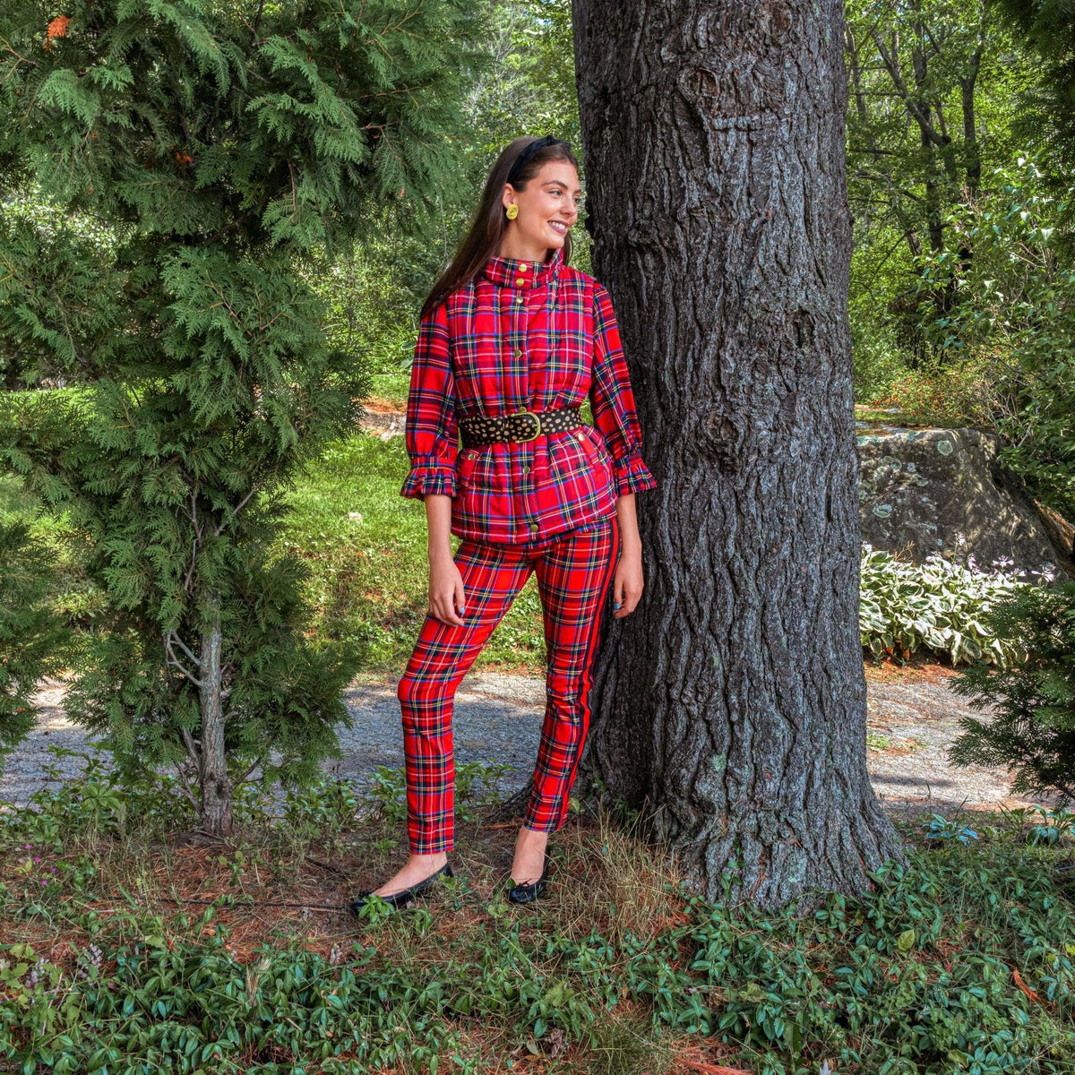 Gretchen Scott Gripeless Pull On Pants in Duke of York Red Multi print, rayon-nylon stretch, lifestyle view