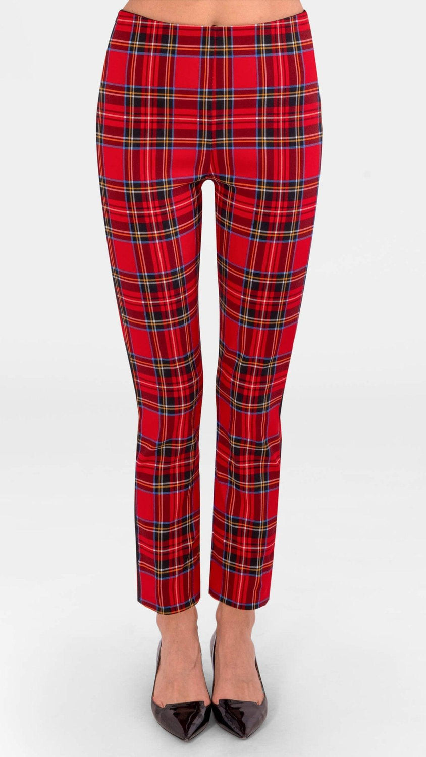 Gretchen Scott Gripeless Pull On Pants in Duke of York Red Multi print, rayon-nylon stretch, front view (9x16)