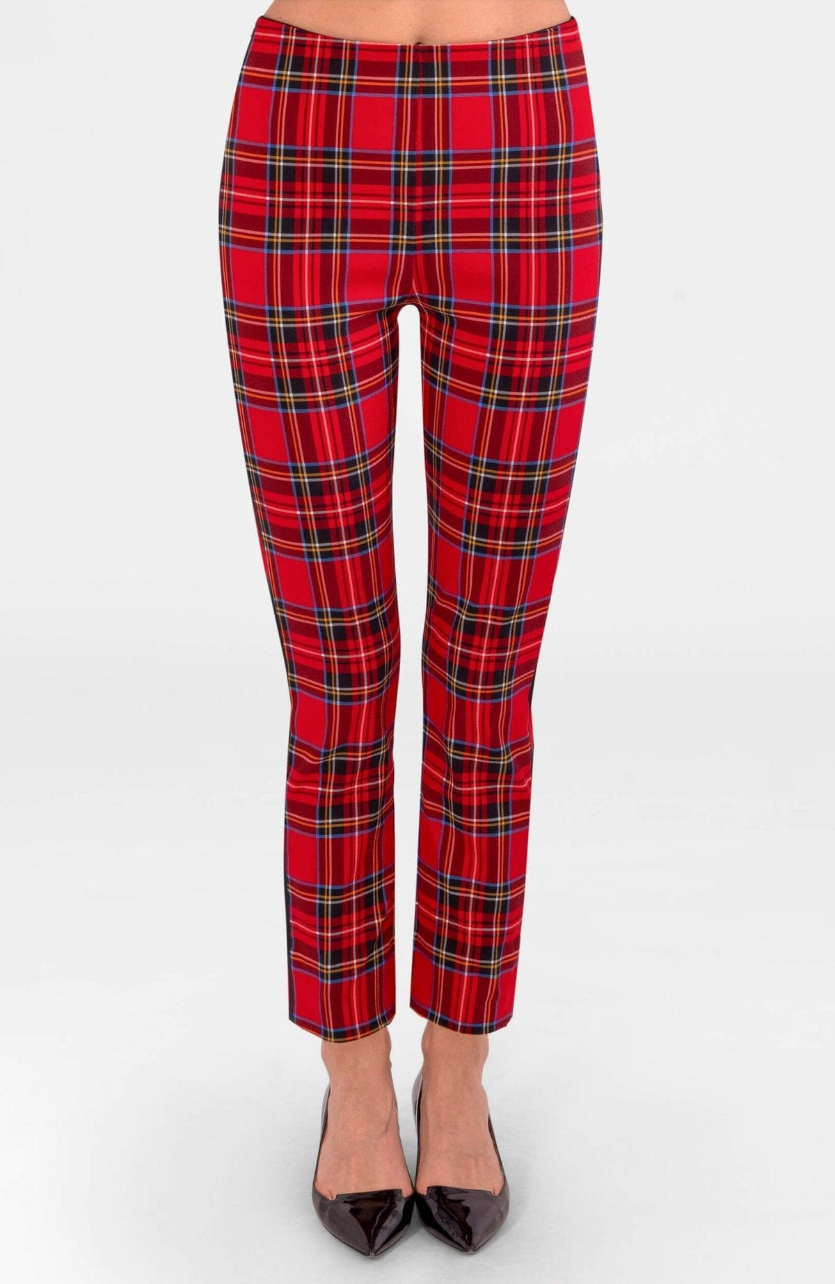 Gretchen Scott Gripeless Pull On Pants in Duke of York Red Multi print, rayon-nylon stretch, front view