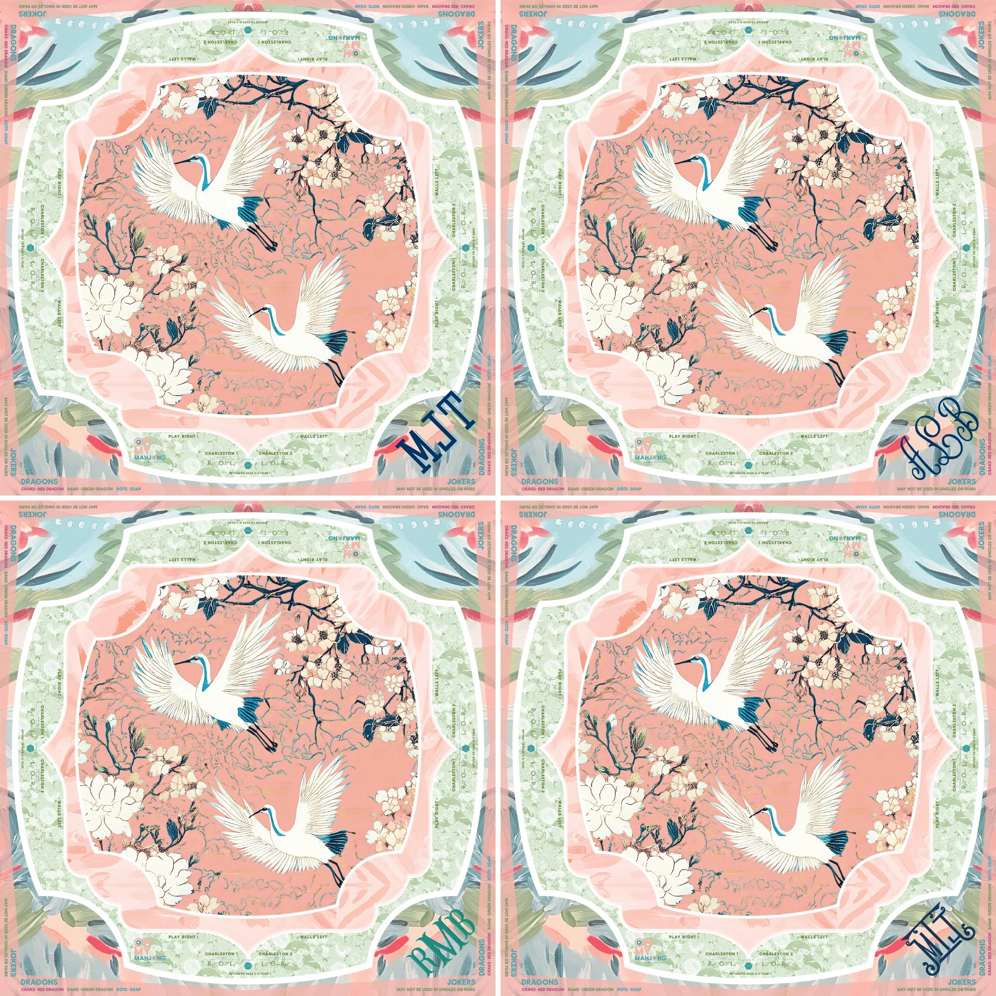 Four identical panels with a floral and bird design on a pink background, featuring the brand 'Lulu & Chloe'.