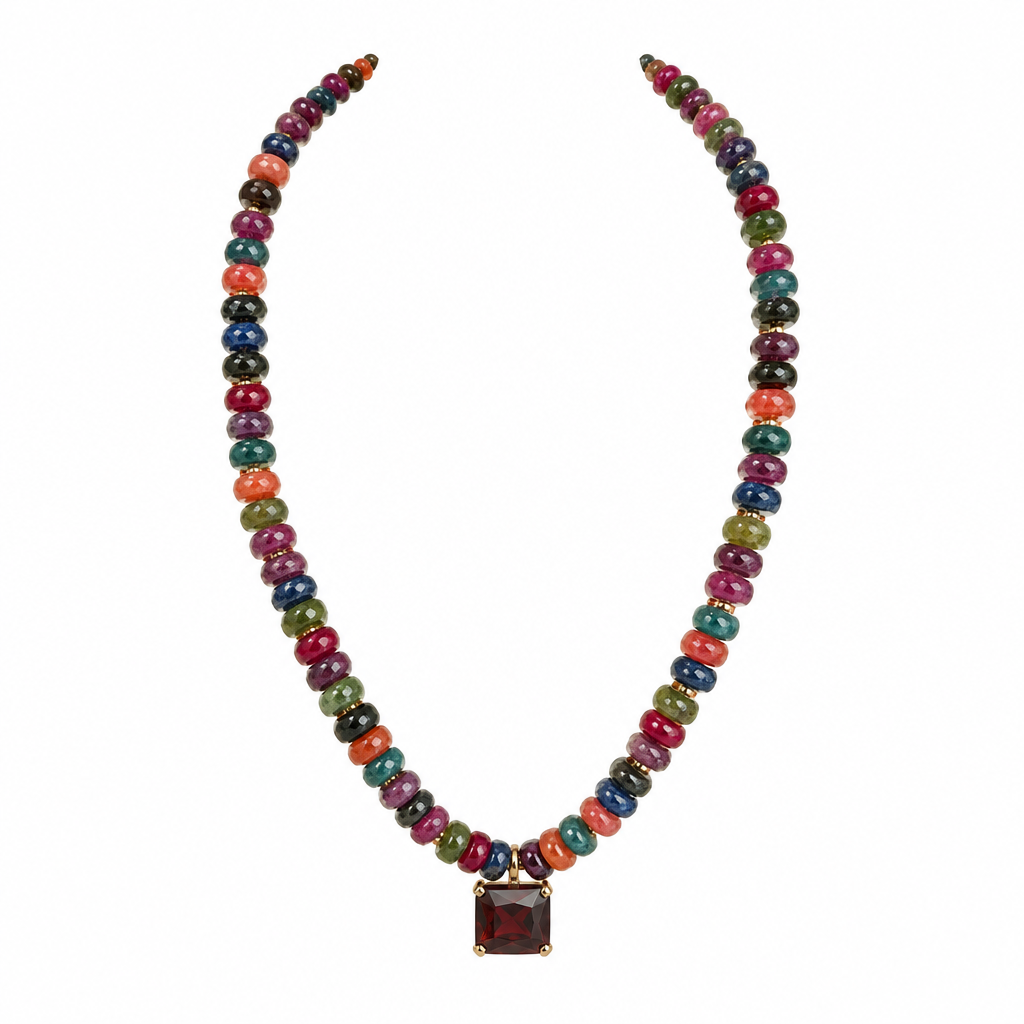 SW Trading Rondelle Bead Pendant Necklace, multi, faceted rondelle beads with square pendant, front view