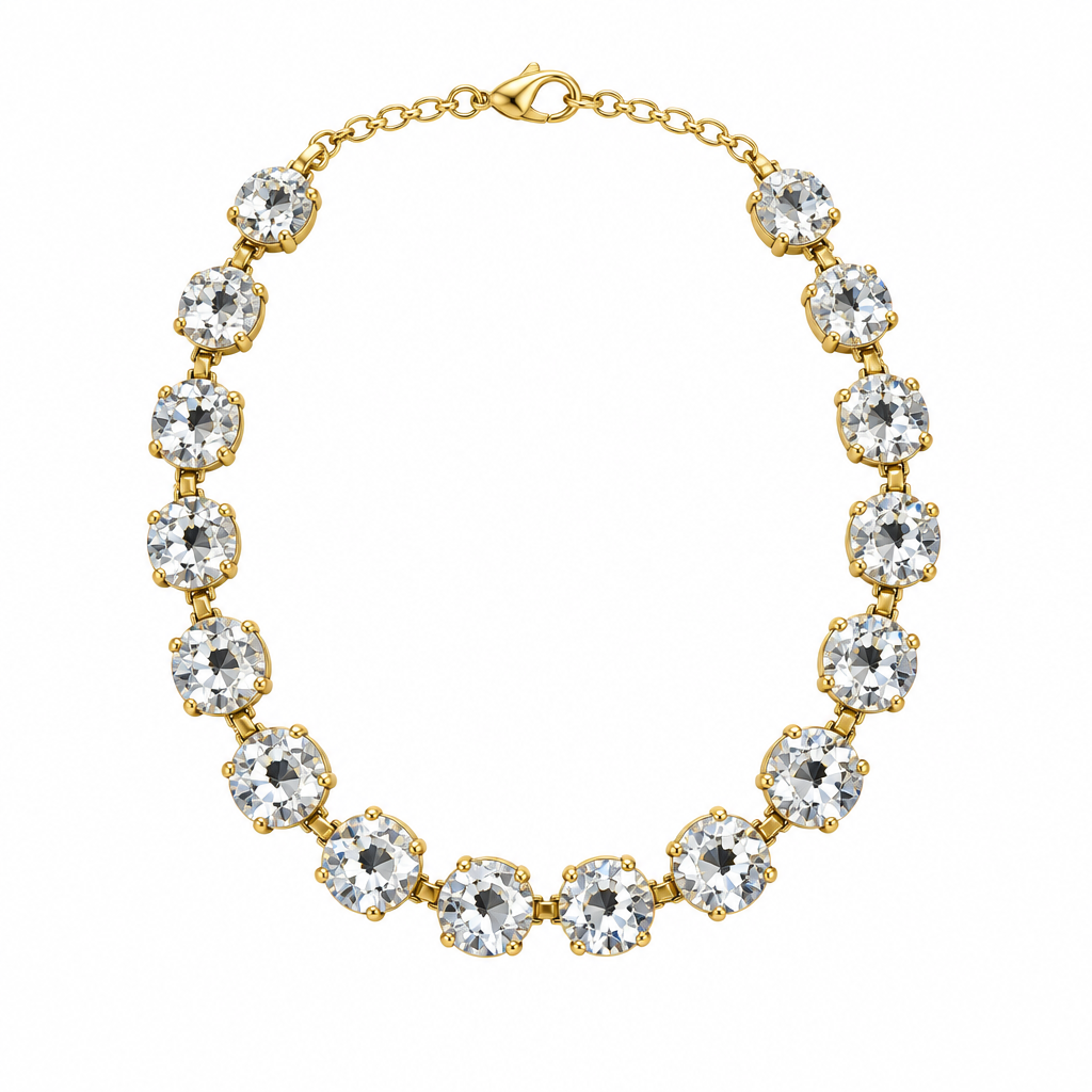 Clear rhinestone necklace alone on solid white