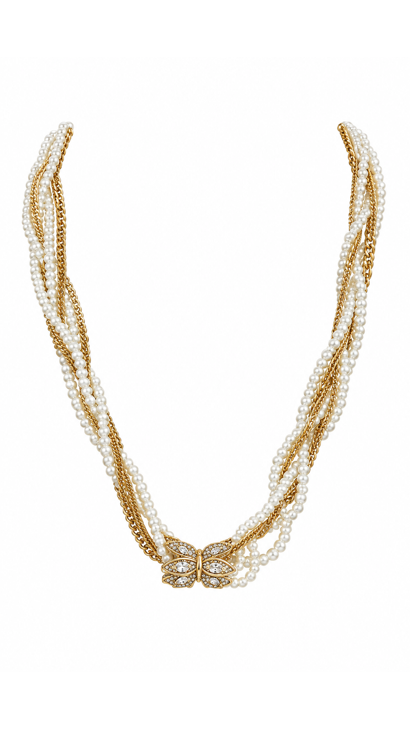 SW Trading Twisted Pearl & Gold Chain Necklace, white pearl and gold, twisted strands with rhinestone butterfly accent, front view 9x16