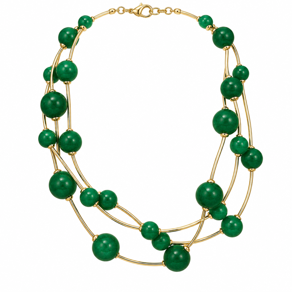 Green multi-strand necklace alone on solid white