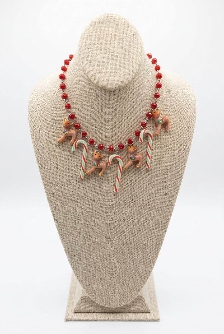 Candy Cane Reindeer Necklace - White Background 1
