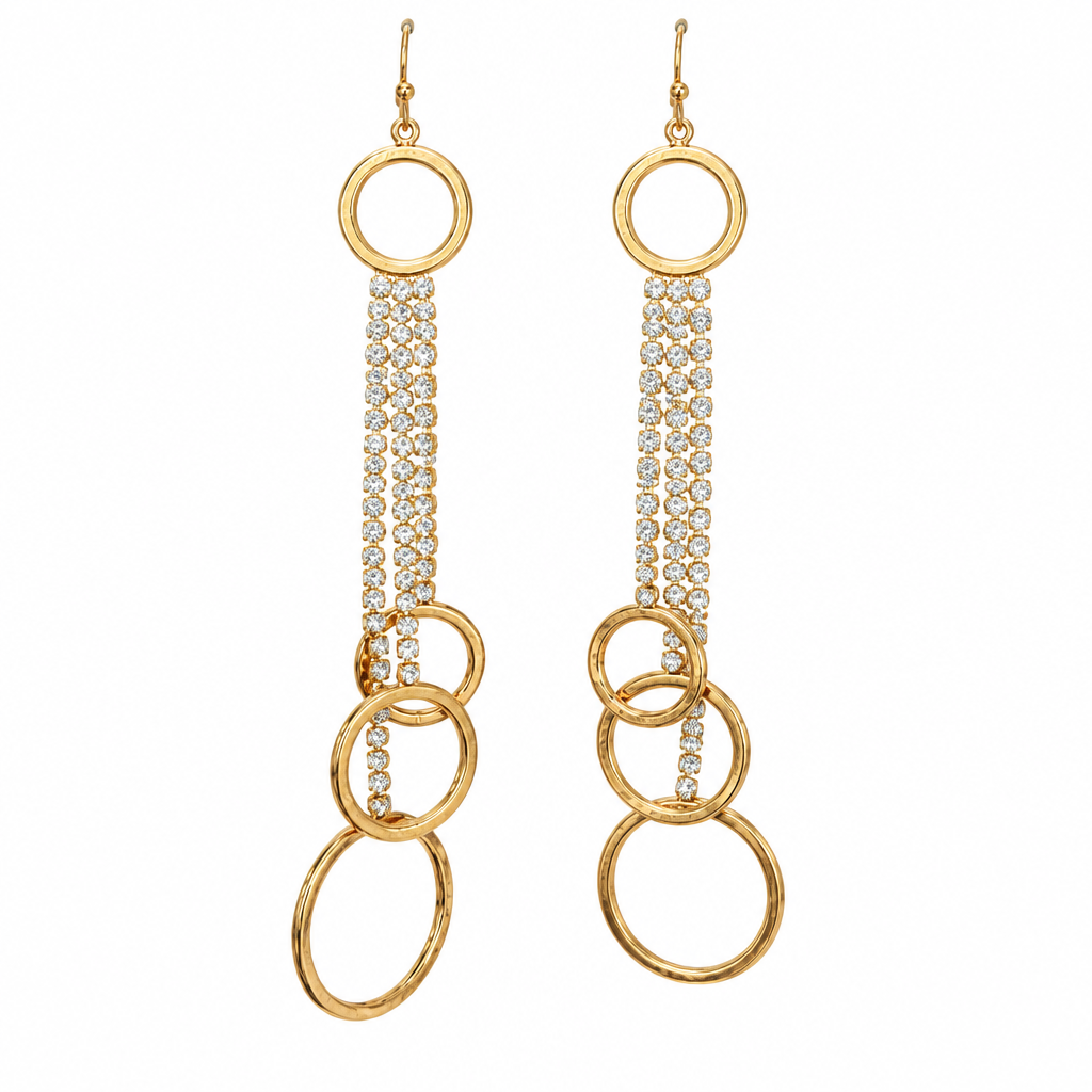 Gold rhinestone fringe and hoop earrings on white background, second view