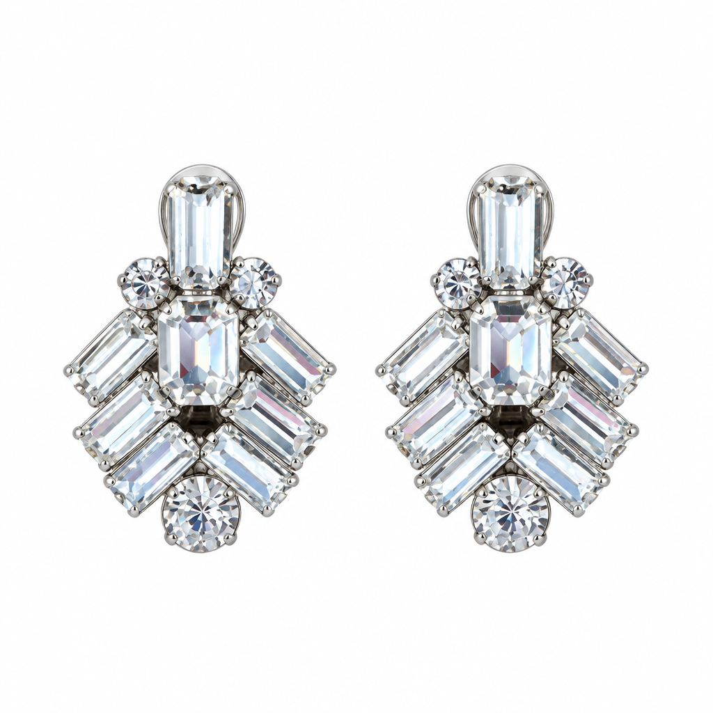 Baguette rhinestone cluster earrings alone on solid white, second view
