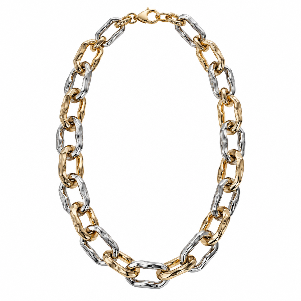 Two-tone rectangular chain necklace alone on white, second view