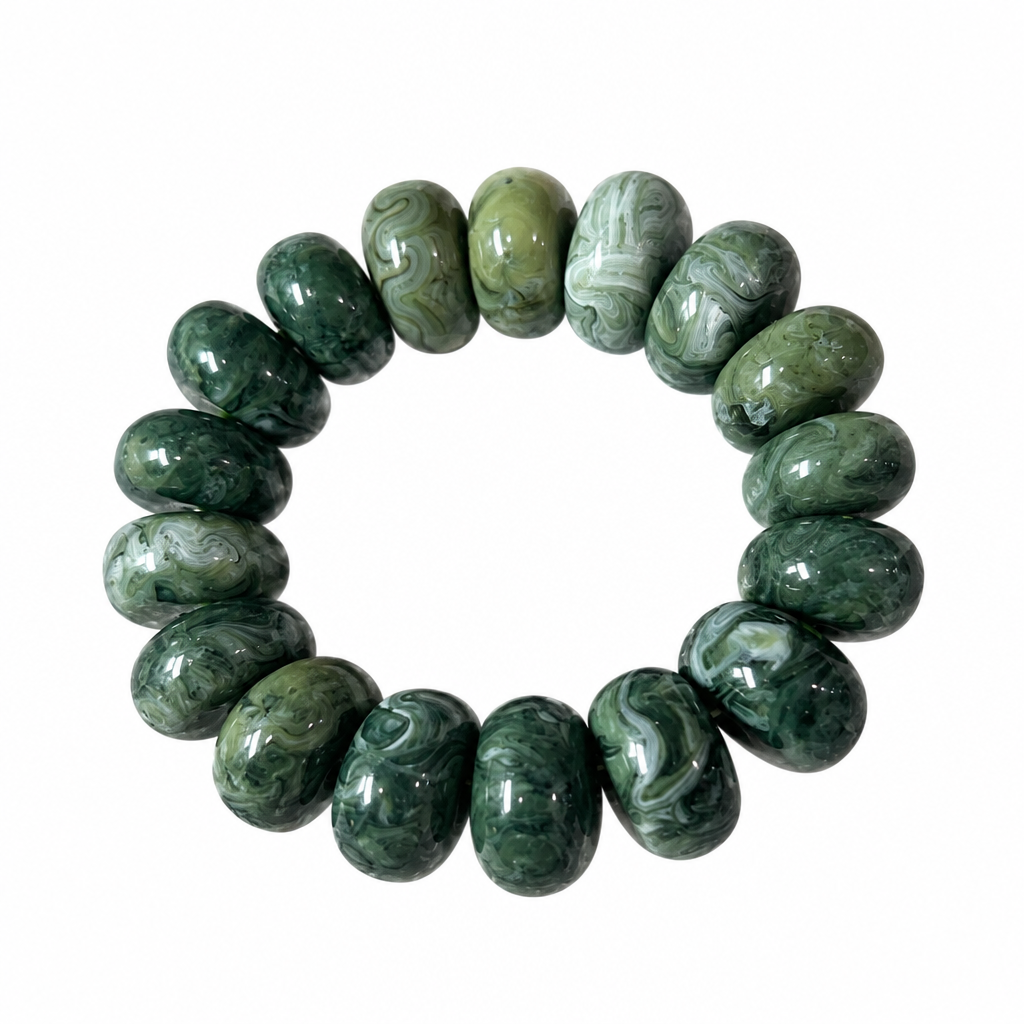Chunky rondelle bead stretch bracelet on white background, fifth view