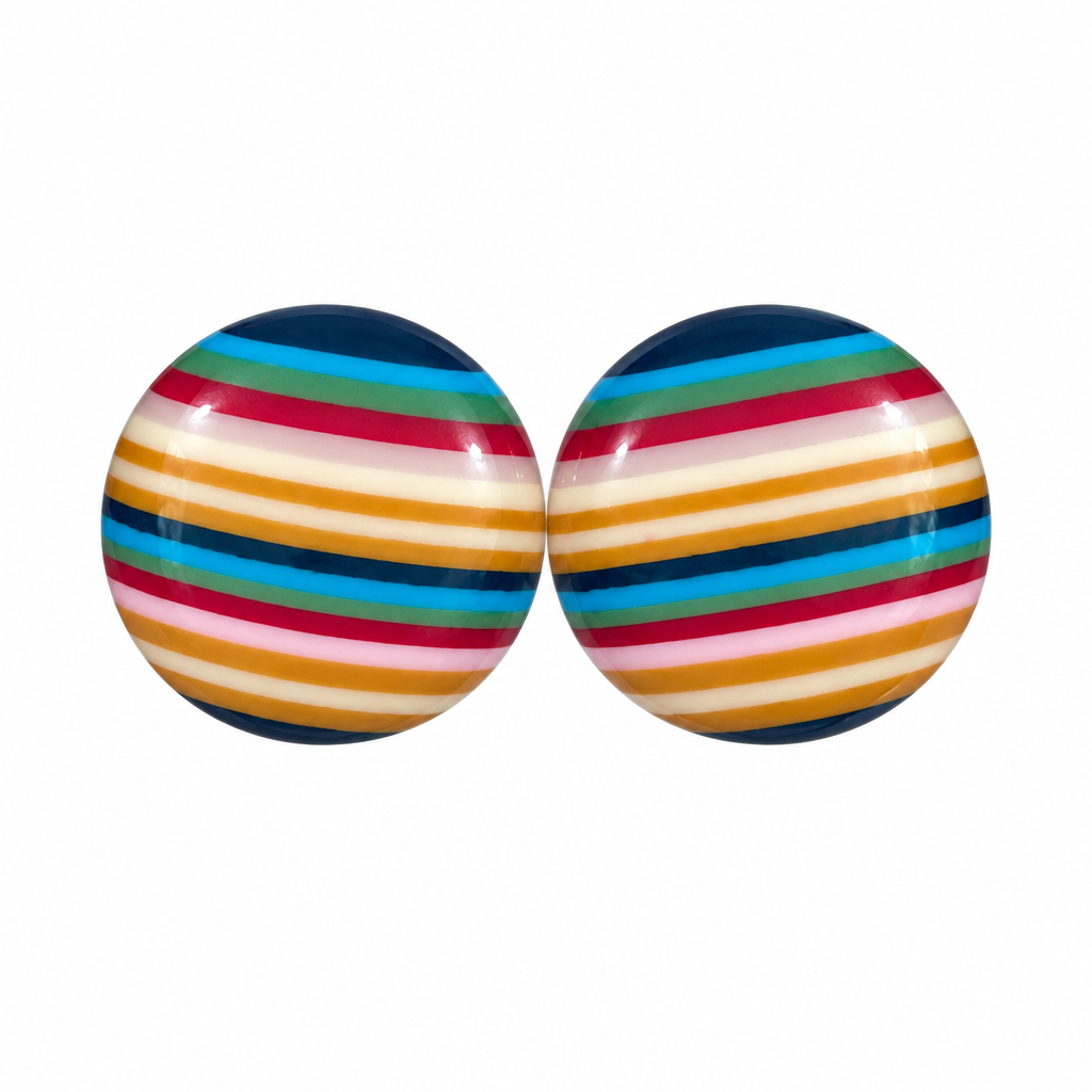 Retro stripe disc earrings on white background, second view
