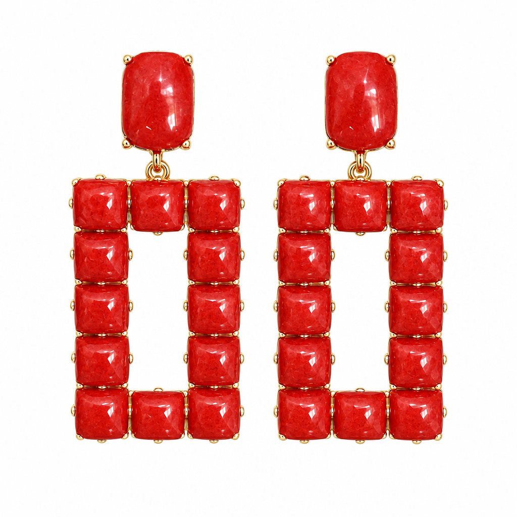 Rust open rectangle stone statement earrings, second view on white