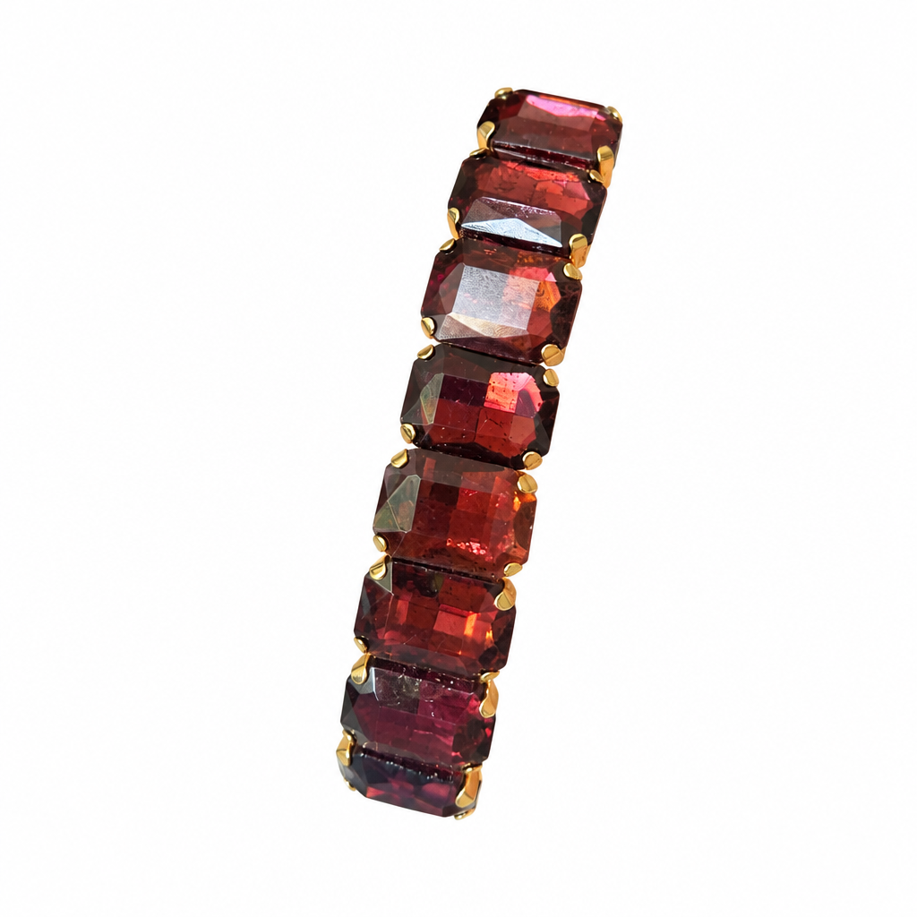 SW Trading Jeweled Rectangle Stone Stretch Bracelet, burgundy, faceted rectangle stones in gold-tone settings, front view