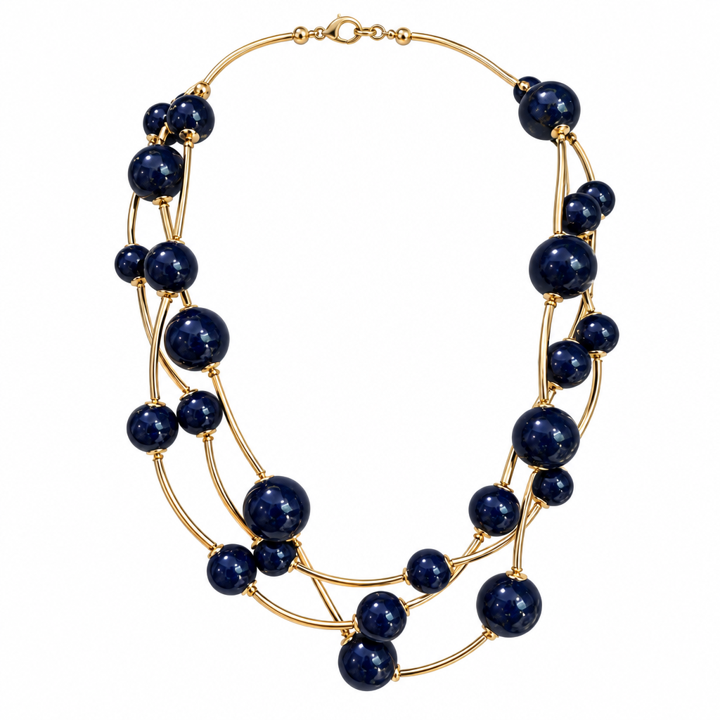 Blue multi-strand necklace alone on solid white