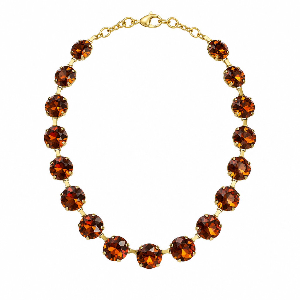 Amber rhinestone necklace alone on solid white