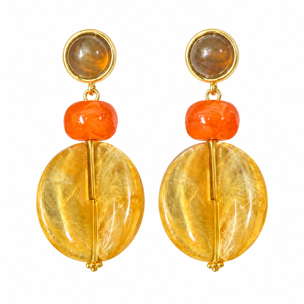 Brown lucite ball statement earrings, second view on white