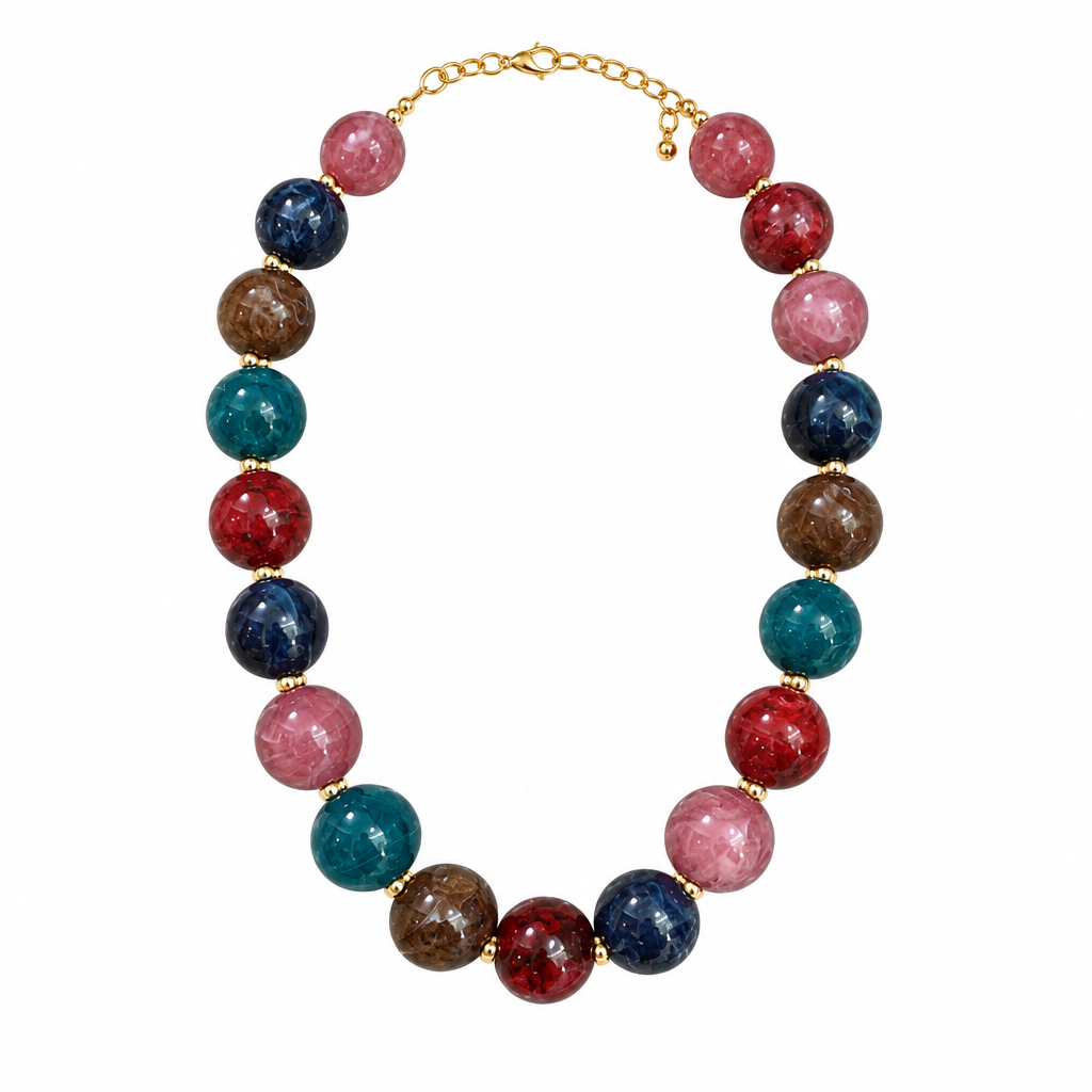 Multicolor beaded necklace alone on solid white, no neck form