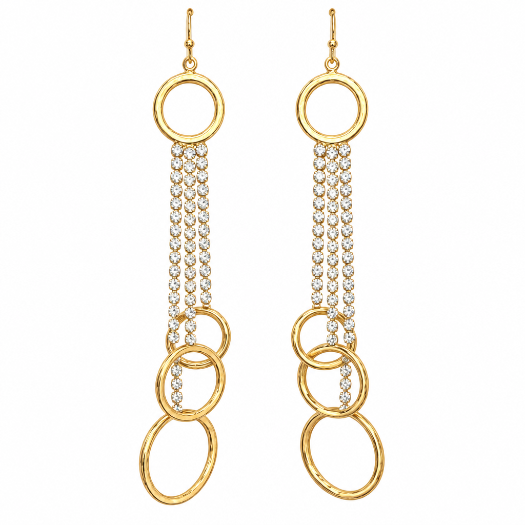 Gold rhinestone fringe and hoop earrings on white background, first view