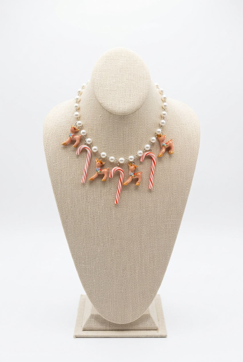 Candy Cane Reindeer Necklace - White Background 2