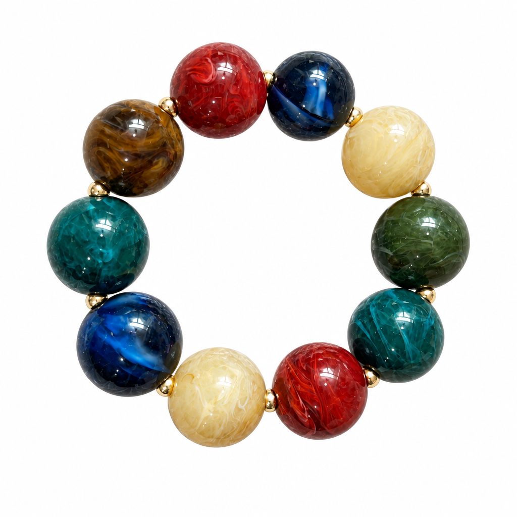 SW Trading Chunky Round Bead Stretch Bracelet, multi, marbled round beads with gold-tone spacers, front view