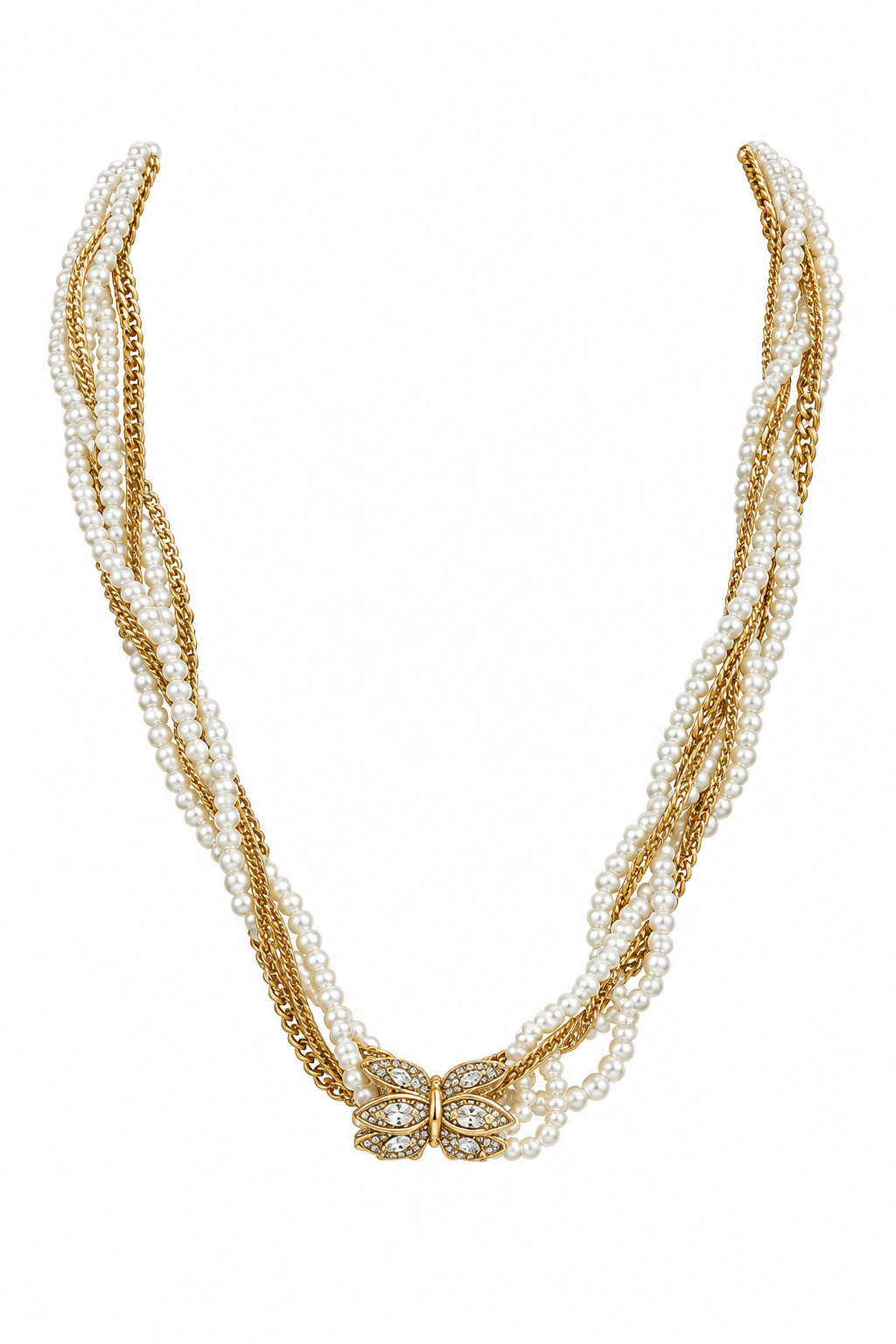 SW Trading Twisted Pearl & Gold Chain Necklace, white pearl and gold, twisted strands with rhinestone butterfly accent, front view