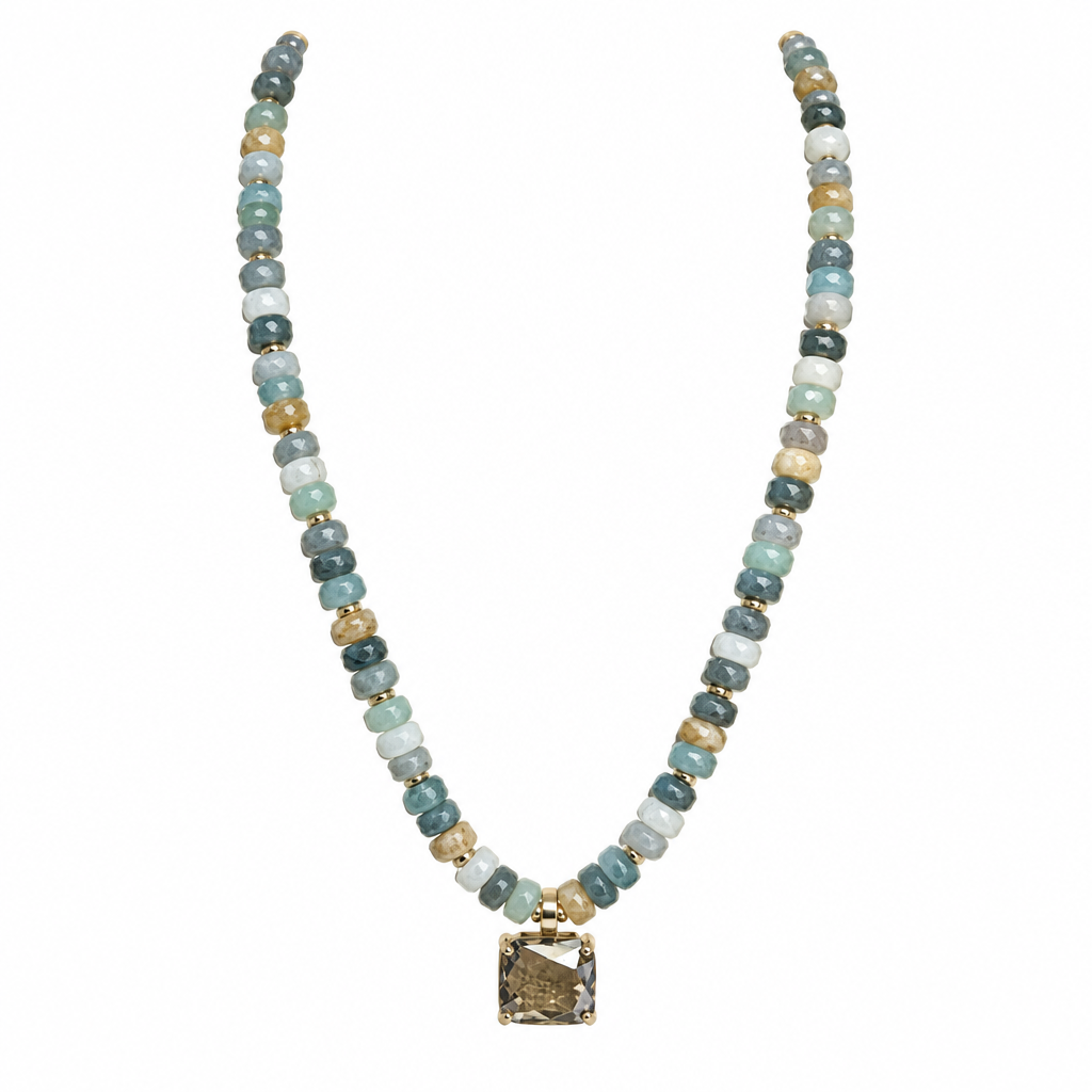 SW Trading Rondelle Bead Pendant Necklace, seafoam, faceted rondelle beads with square pendant, front view