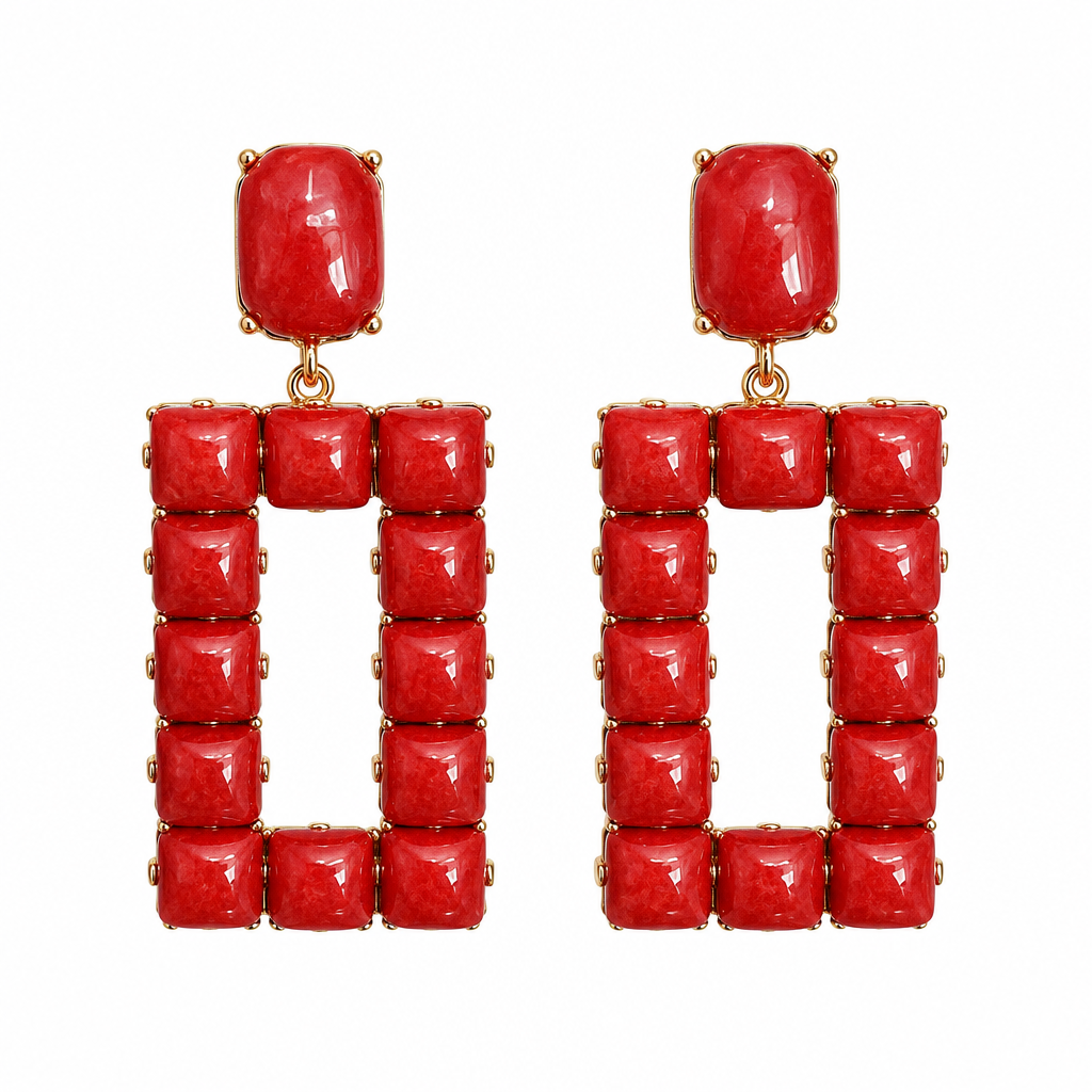 Rust open rectangle stone statement earrings on white background