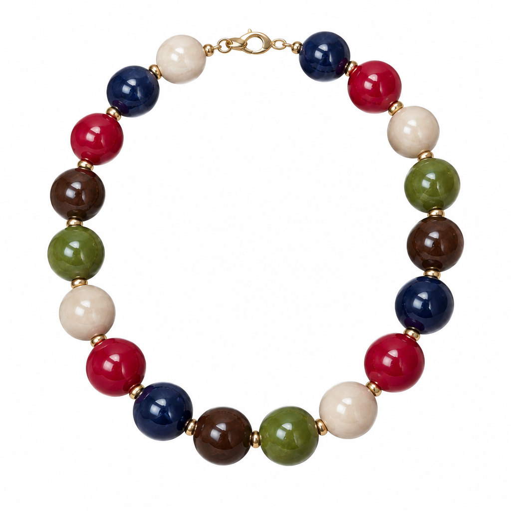 Multicolor marbled bead necklace alone on solid white