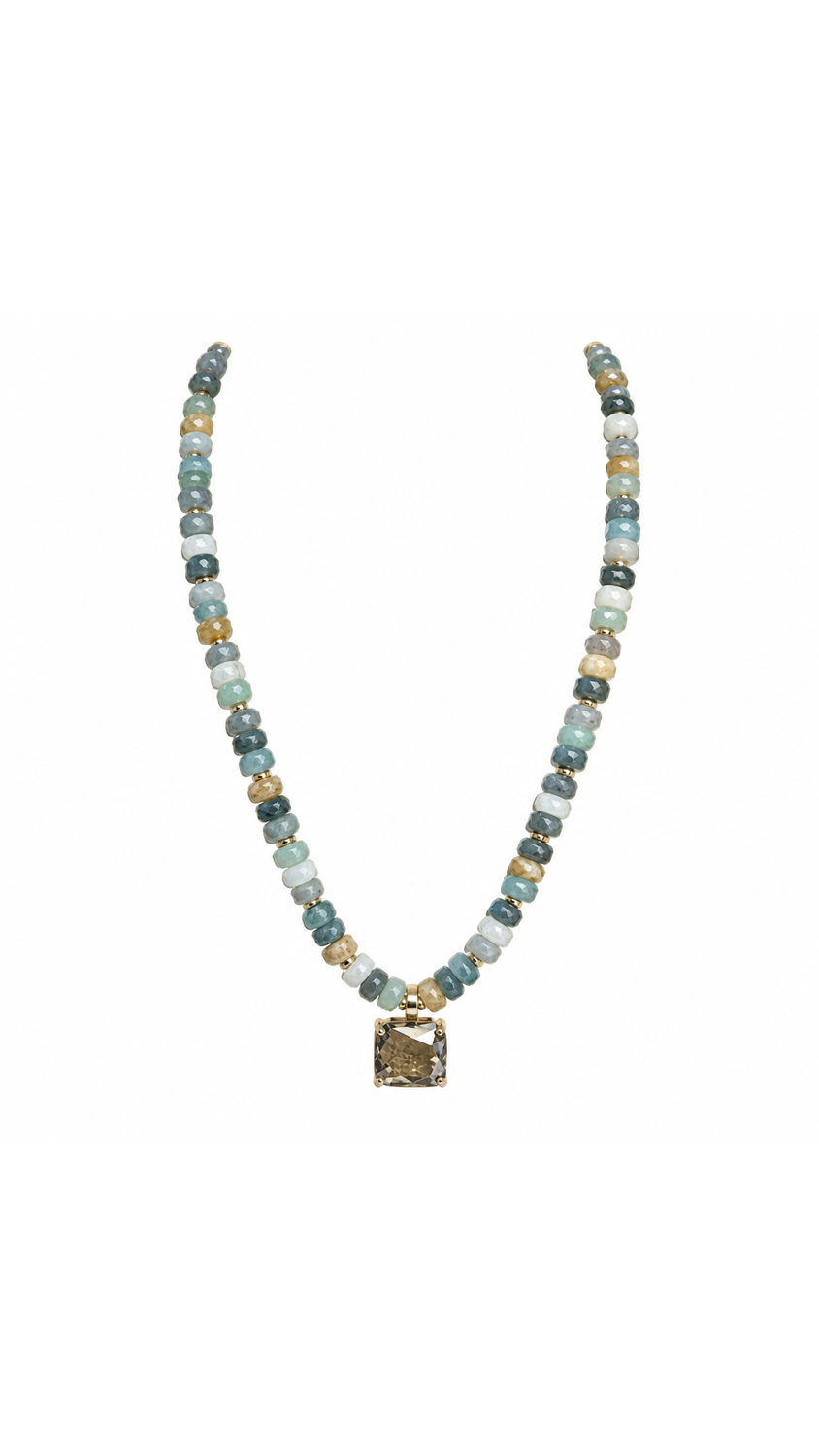 SW Trading Rondelle Bead Pendant Necklace, seafoam, faceted rondelle beads with square pendant, front view 9x16