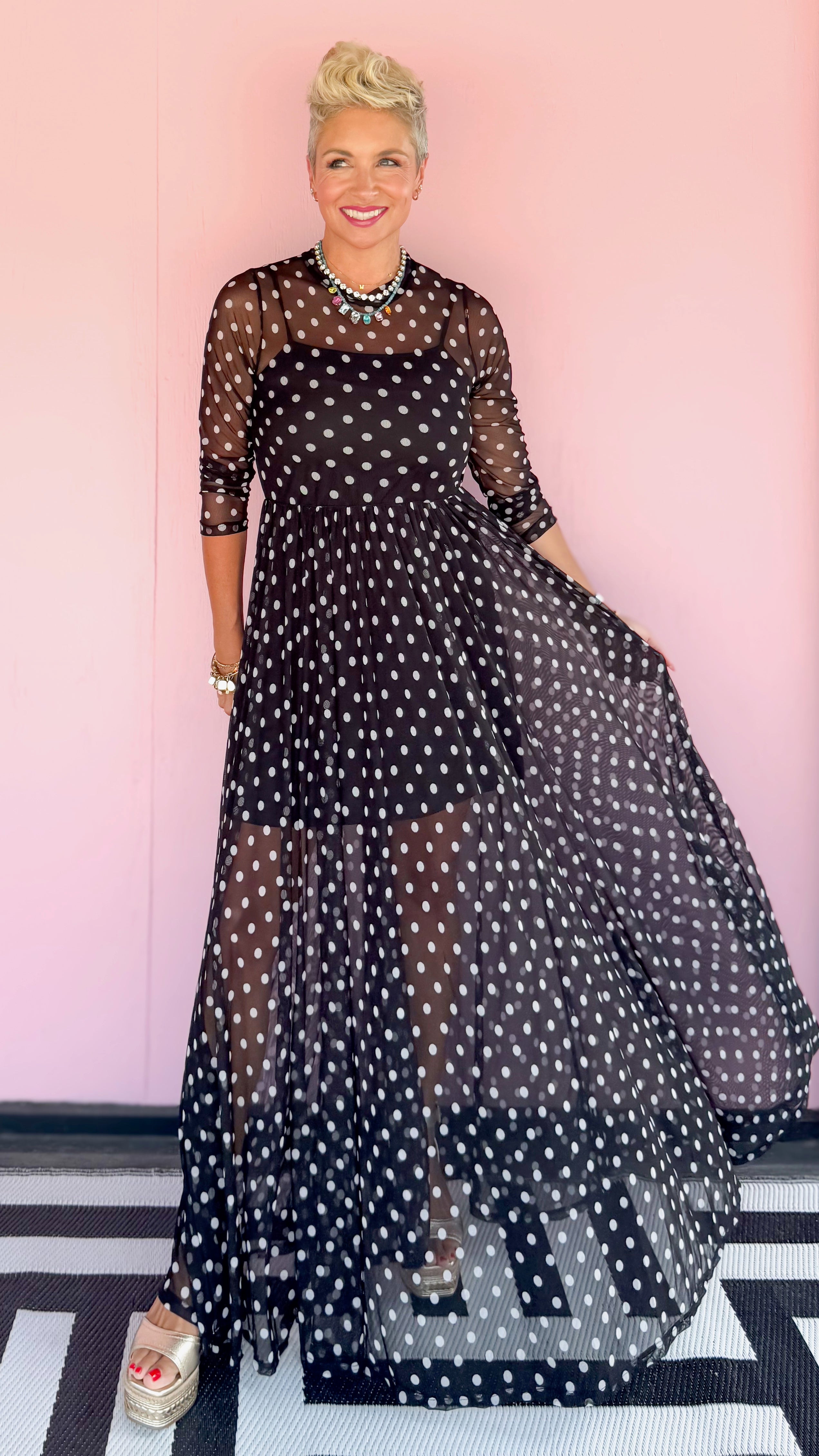 Polka Dot Print Mesh Maxi Dress - The BLVD
