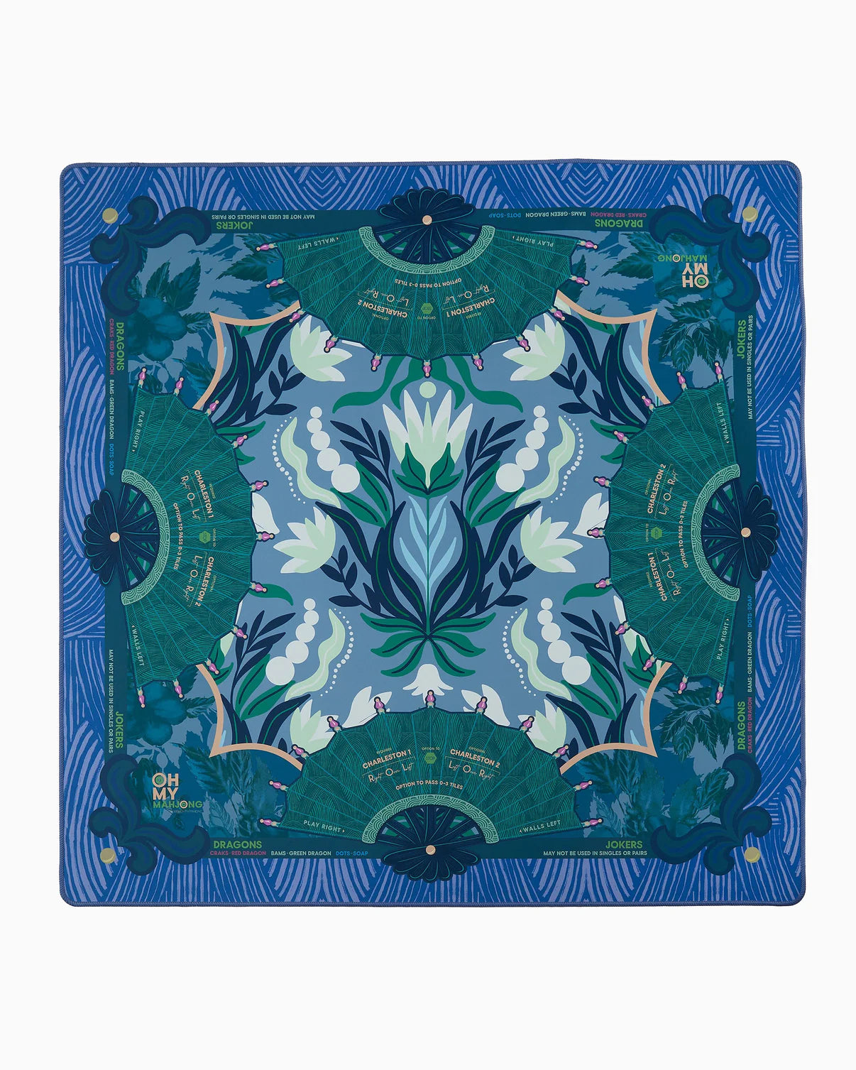 Decorative mat with blue and green abstract pattern on a white background