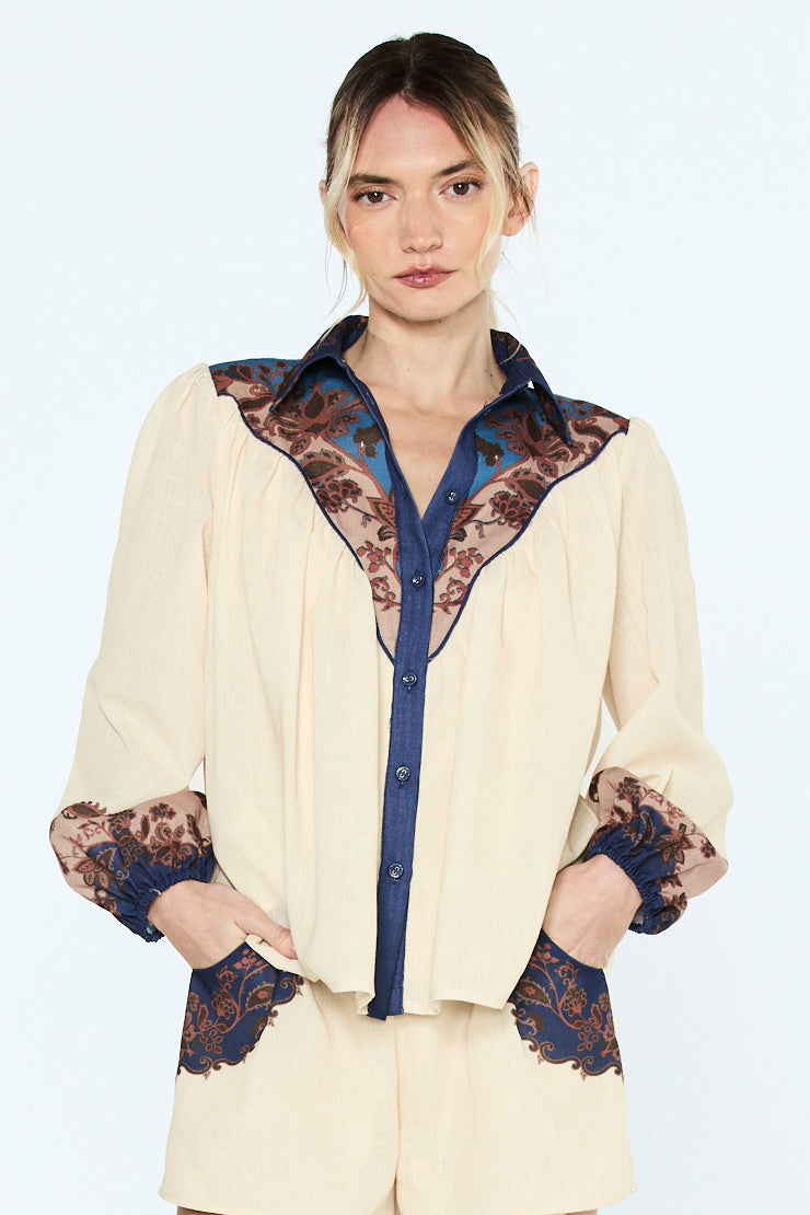 Engineer Print Button Down Blouse in Cream Multi by Ciebon — image 1 of 4