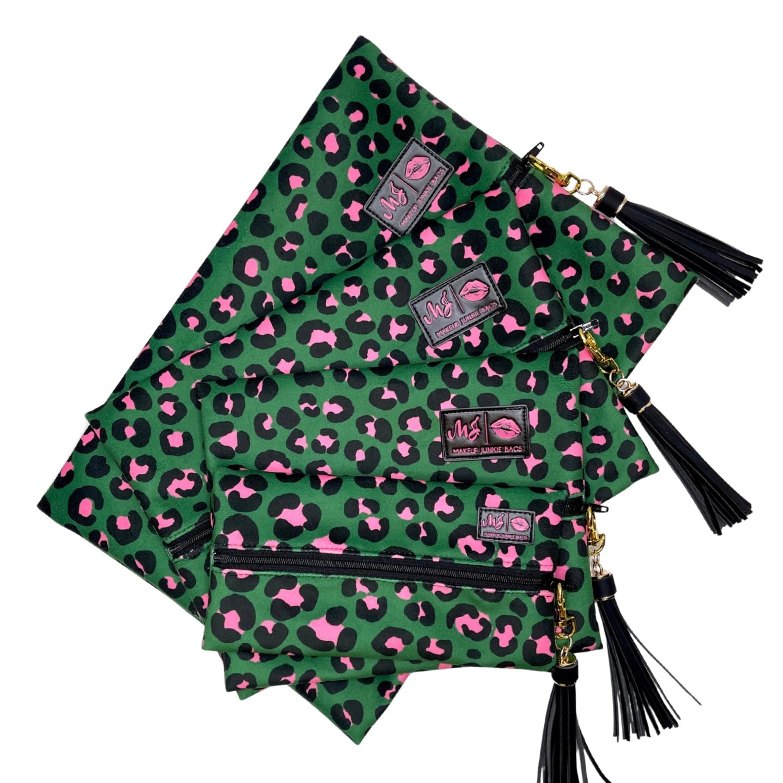 Green bags with pink leopard print and black tassels on a white background