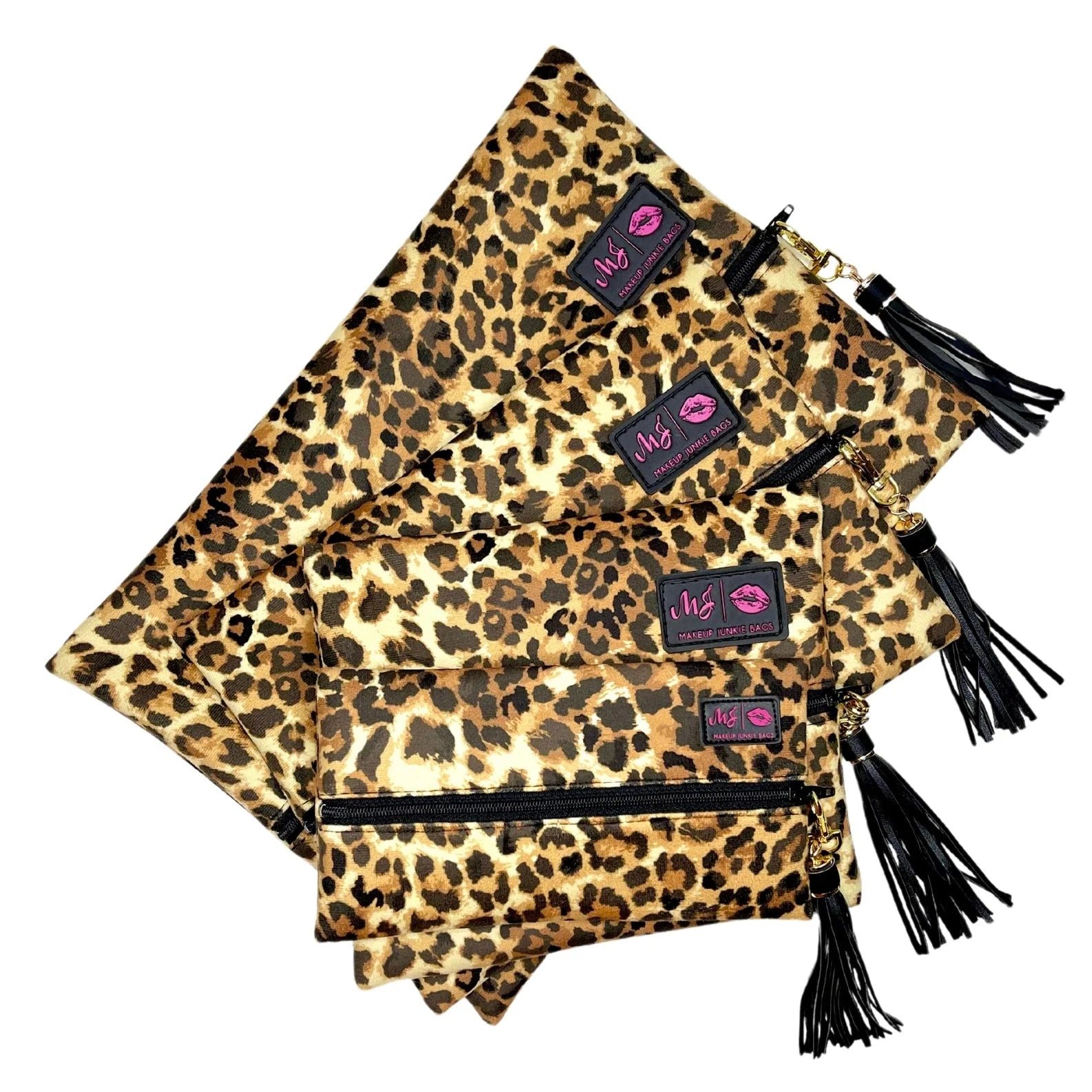 Leopard print bags with black tassels and visible brand logos on a white background