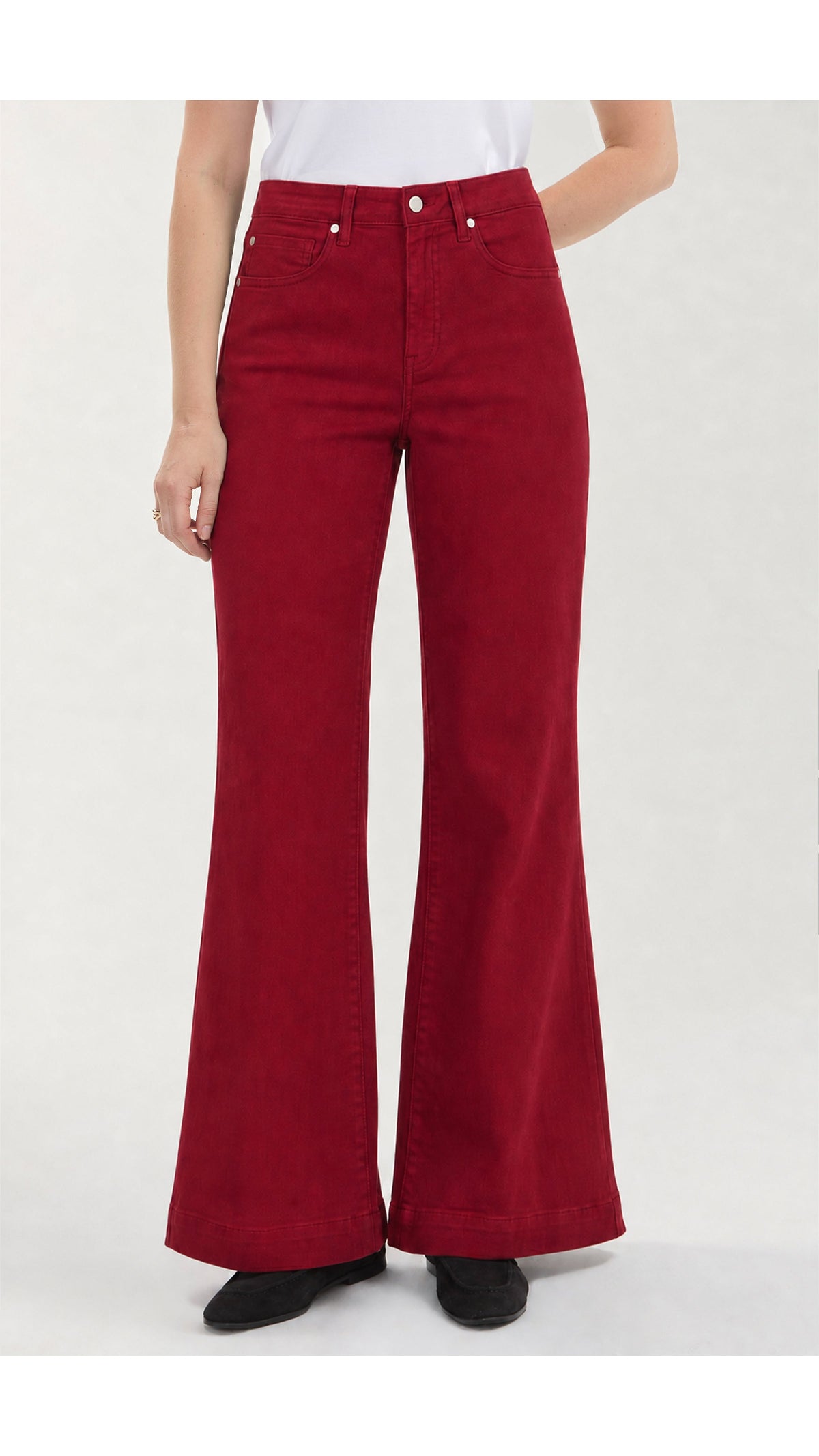 Front view of Liverpool Hannah comfort waist flare jeans in wild cranberry with black ankle boots