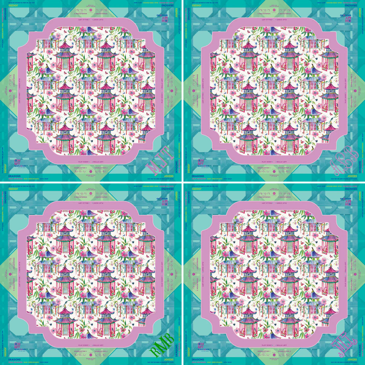 Four identical patterned tiles with a colorful design on a geometric background