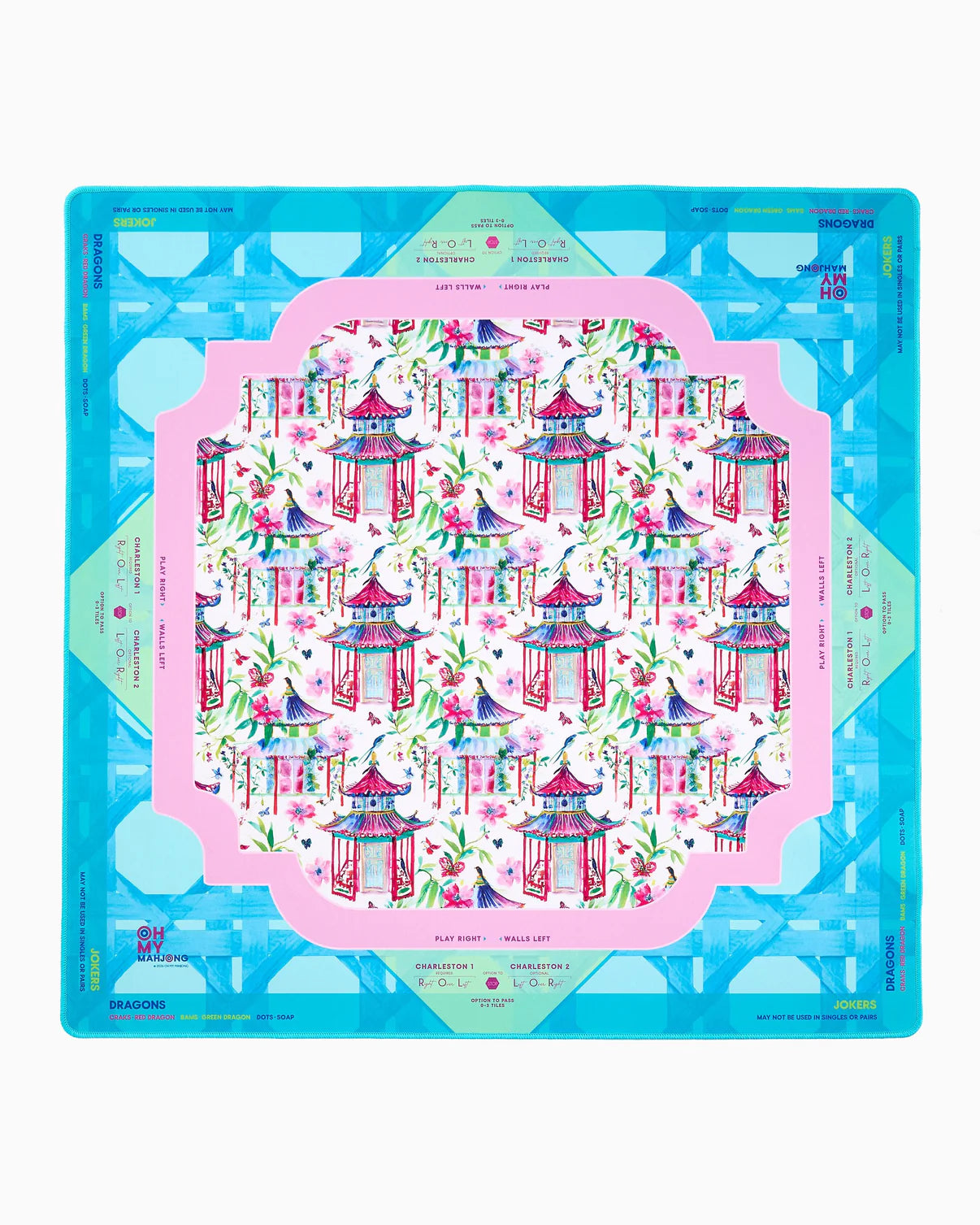 Decorative placemat with pagoda design on a blue background